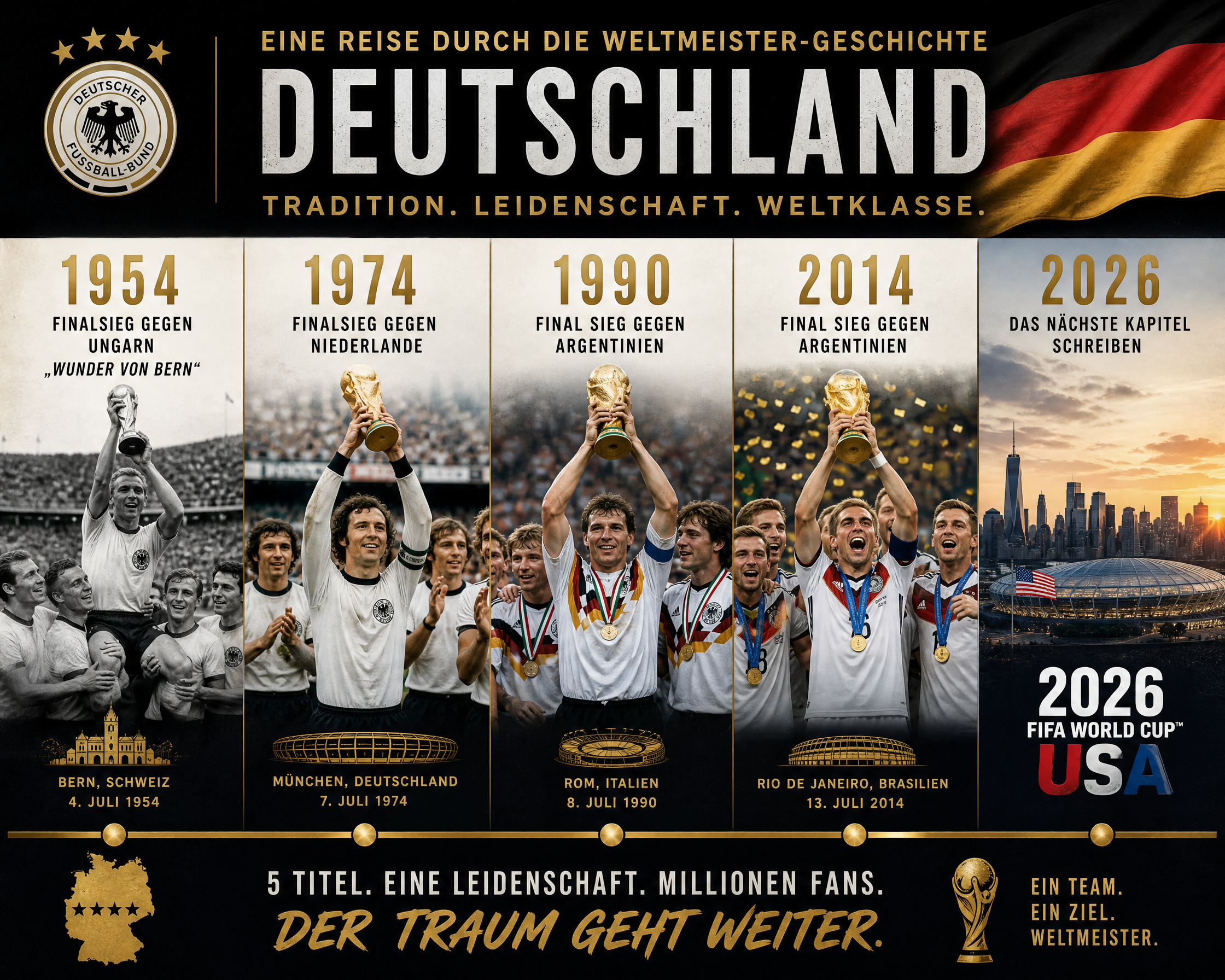 Germany World Cup history collage featuring 1954, 1974, 1990, 2014 triumphs and 2026 bid imagery with German flag