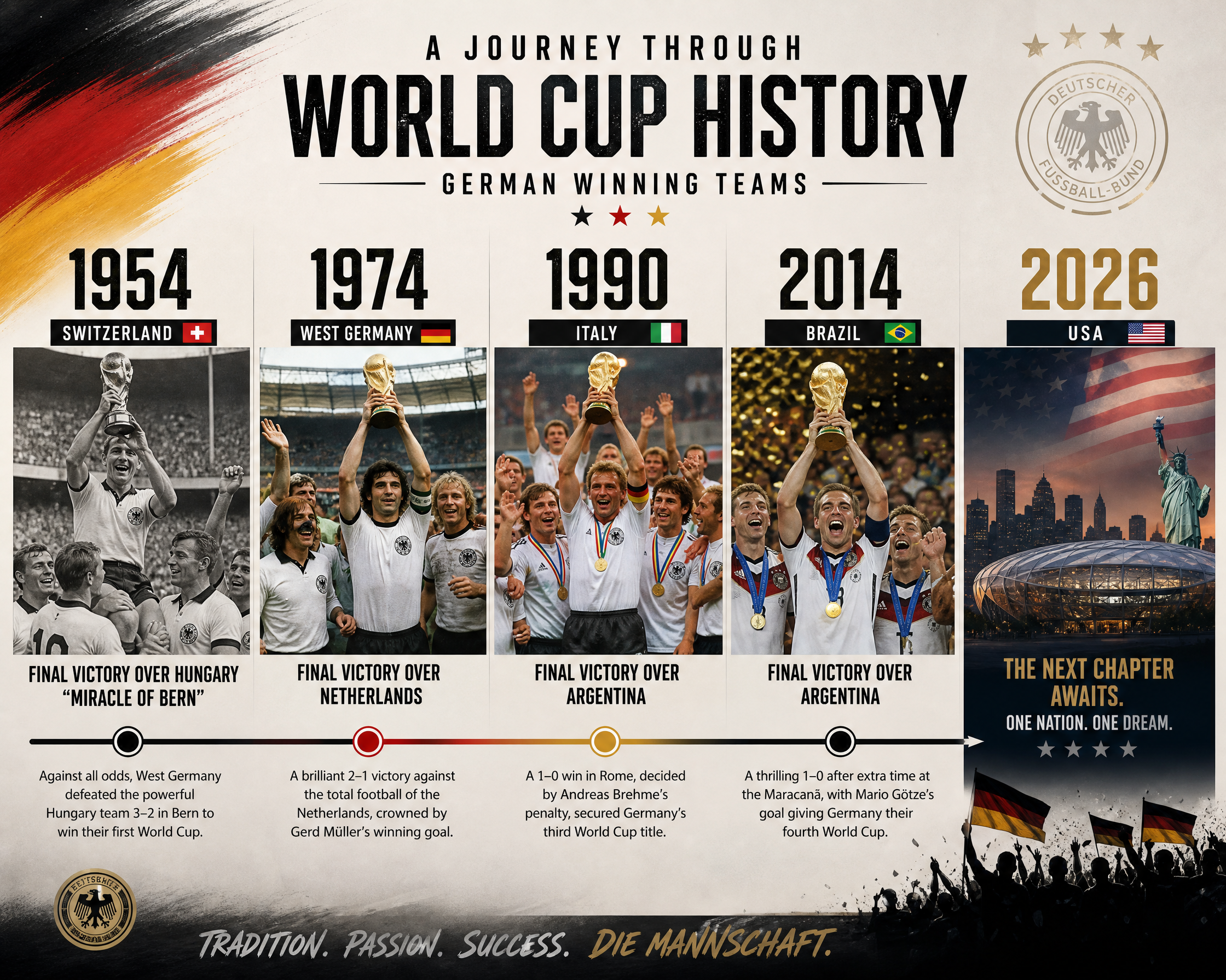World Cup history infographic highlighting German winning teams in 1954, 1974, 1990, 2014 and 2026 USA.