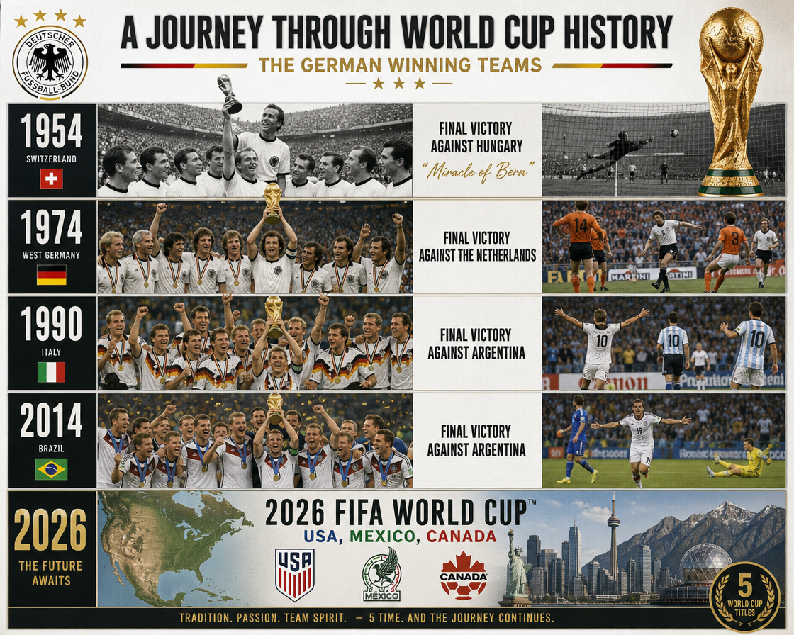 Infographic montage of Germany’s World Cup wins (1954, 1974, 1990, 2014) with trophy imagery and a 2026 host lineup.