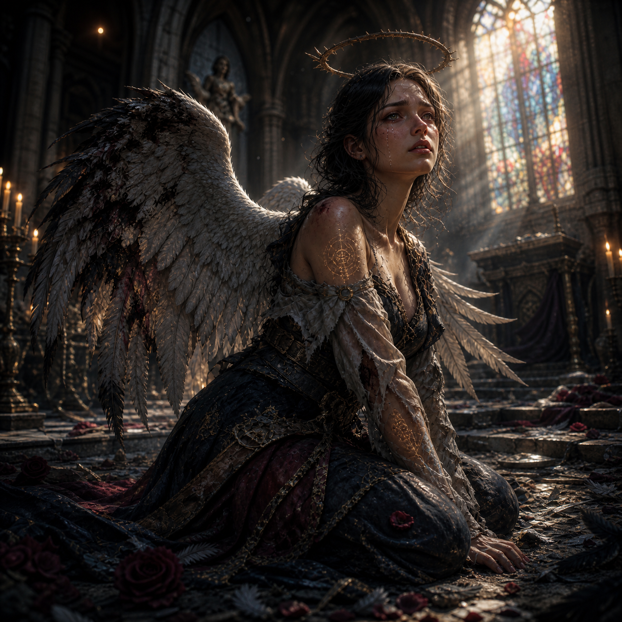 Sorrowful angel with tattered wings kneels in a ruined cathedral.