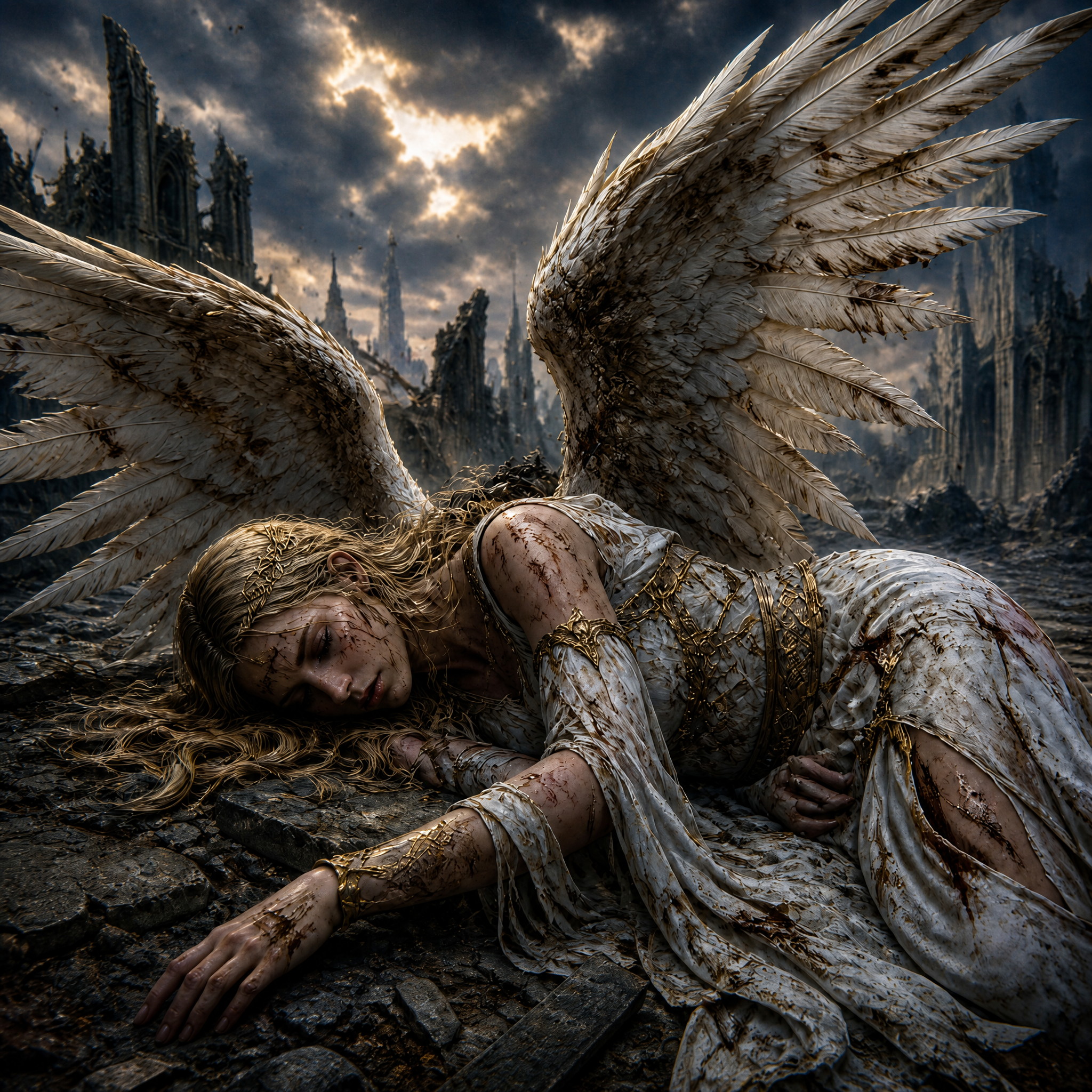 Angelic figure with white feathered wings lies among rubble in a dark, ruined cityscape.