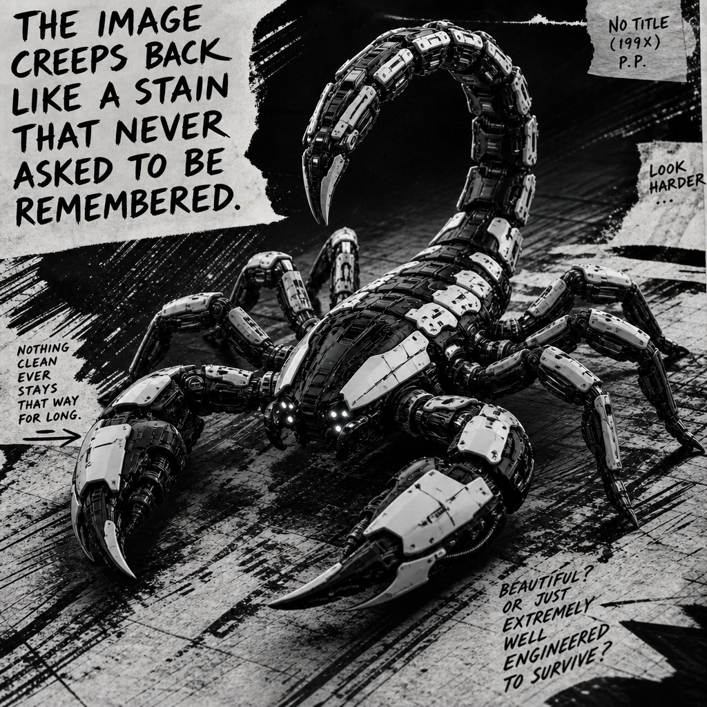 Black-and-white robotic scorpion in a gritty sci-fi comic panel.