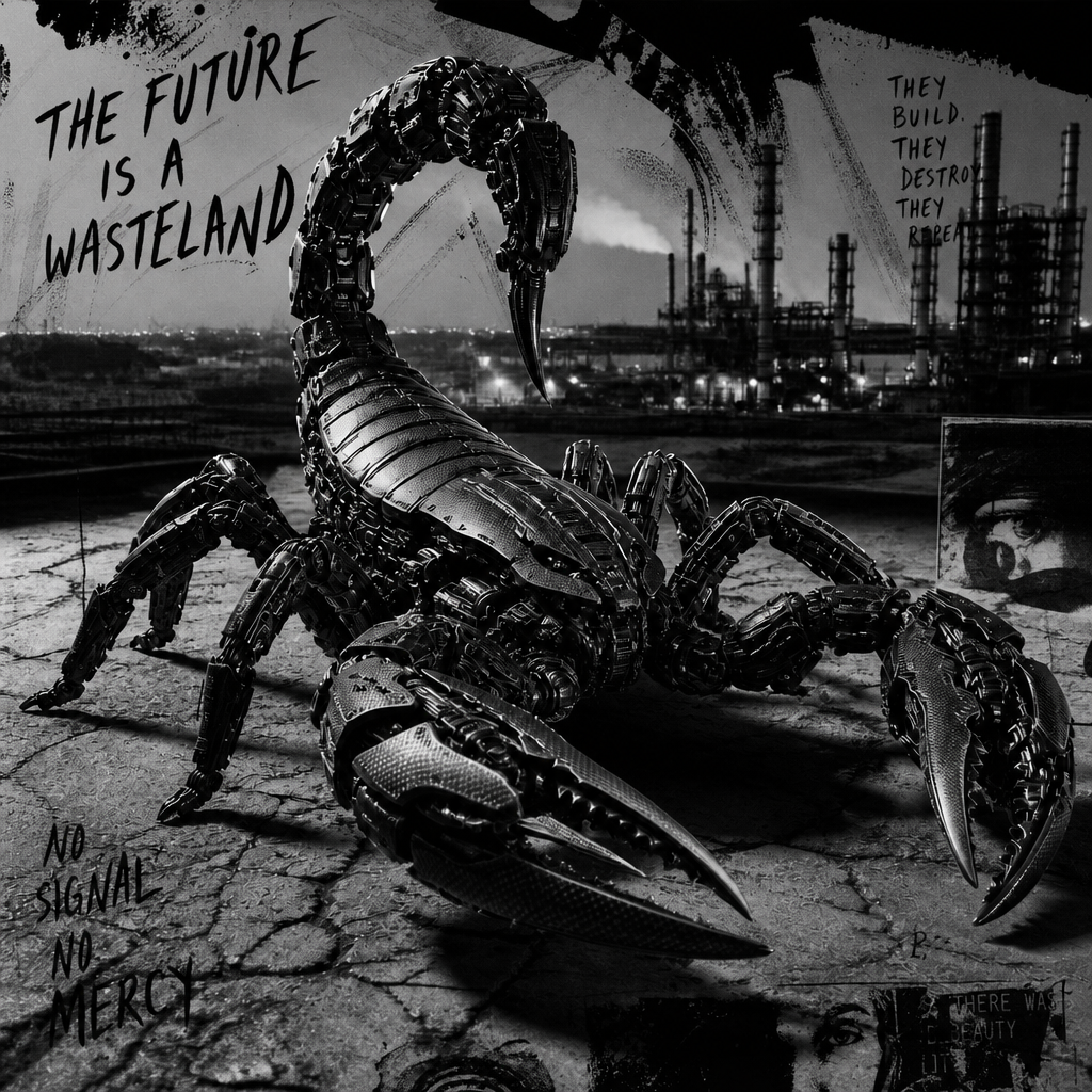 Large black and white mechanical scorpion in a ruined industrial wasteland.