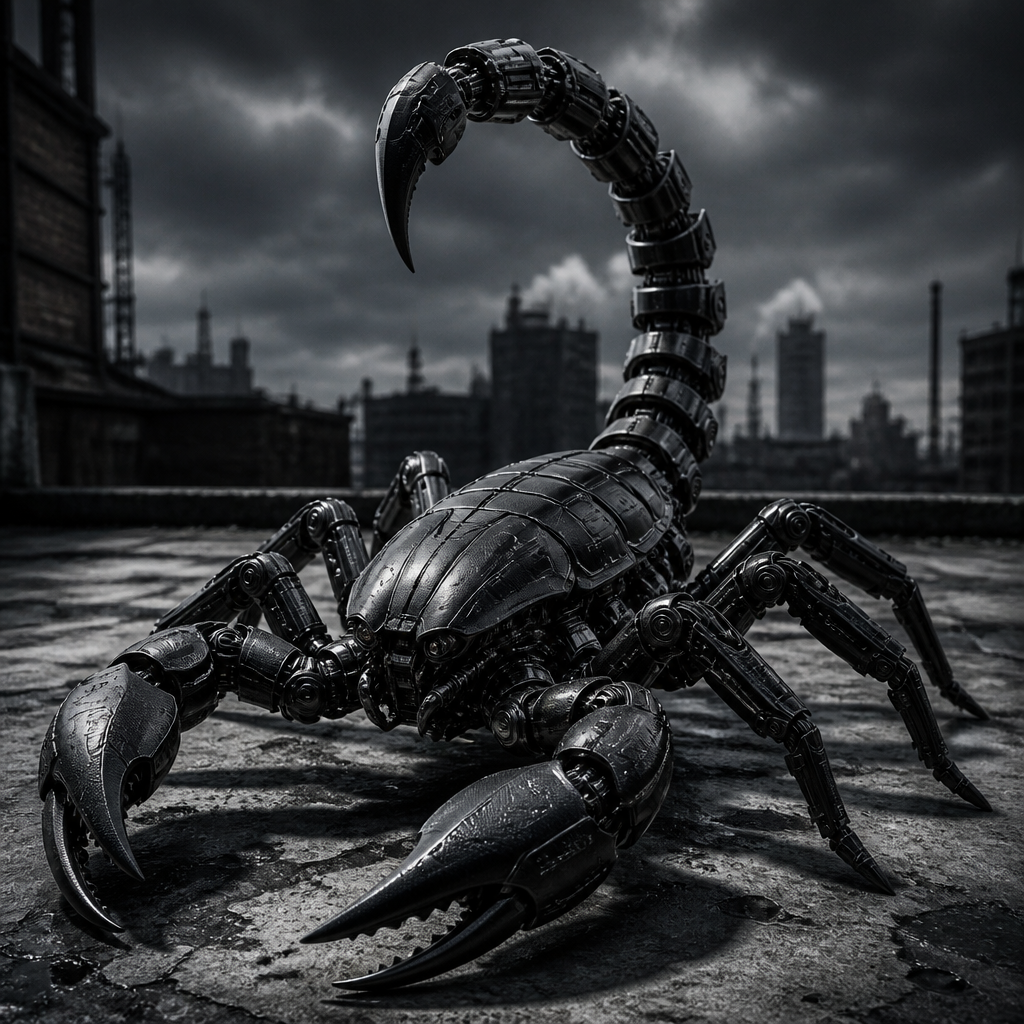 Dark metallic robotic scorpion on a rooftop with an industrial cityscape in the background