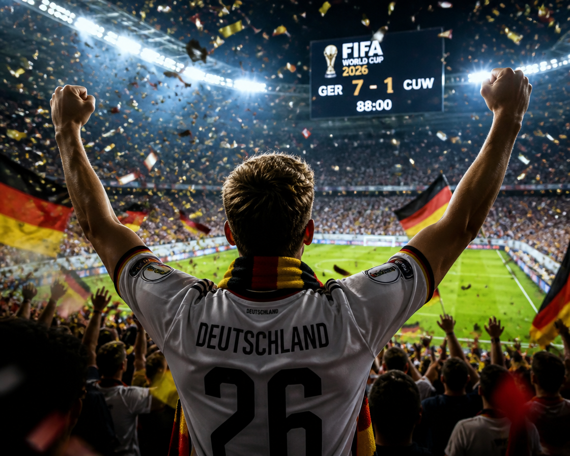 German football fan raising arms in a packed stadium, wearing a Deutschland jersey #26, celebrating.