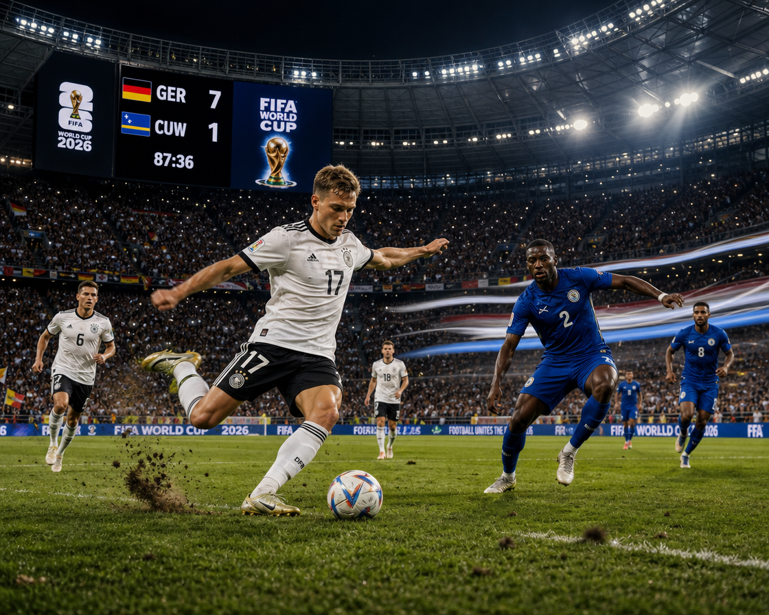 Soccer player in a white Germany kit kicking a ball during a FIFA World Cup 2026 match at a packed stadium.