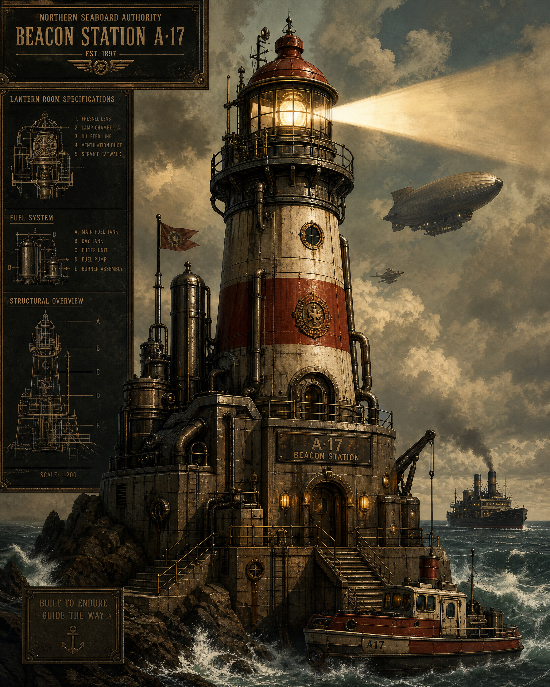 Steampunk industrial Beacon Station A-17 lighthouse with technical blueprints, airship, and steamships on a stormy rocky o...