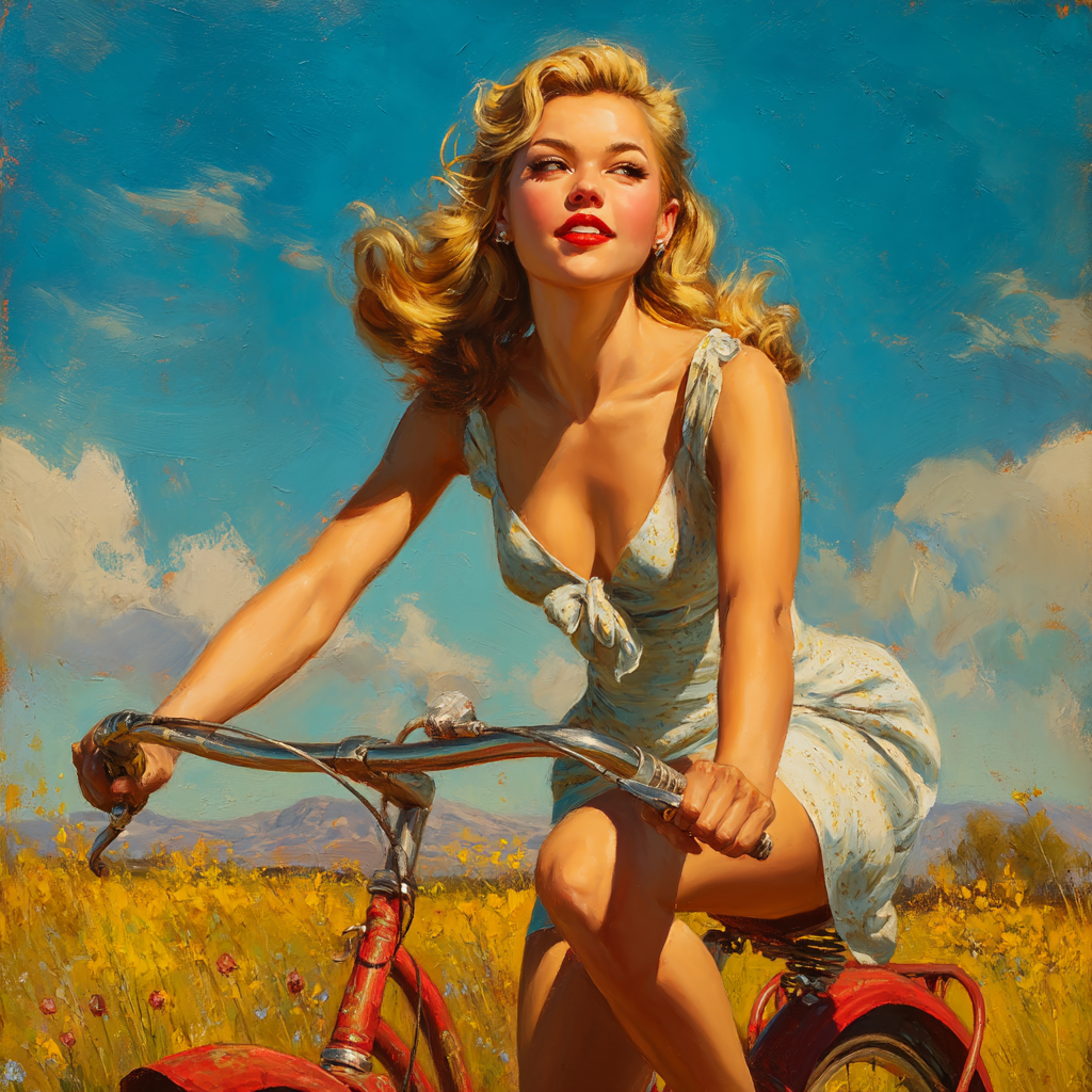 Vintage pinup oil painting of a blonde woman riding a red retro bicycle through a sunlit wildflower meadow under a bright ...