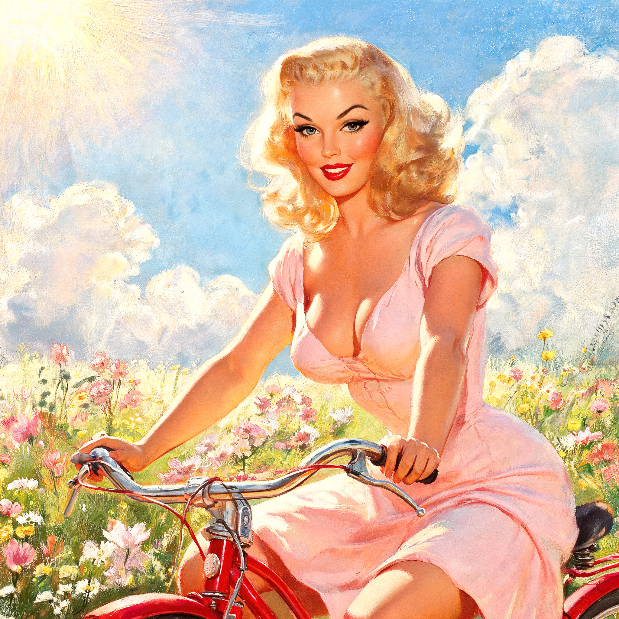 Classic vintage pin-up illustration of a blonde woman riding a red bicycle through a sunny wildflower meadow under a brigh...
