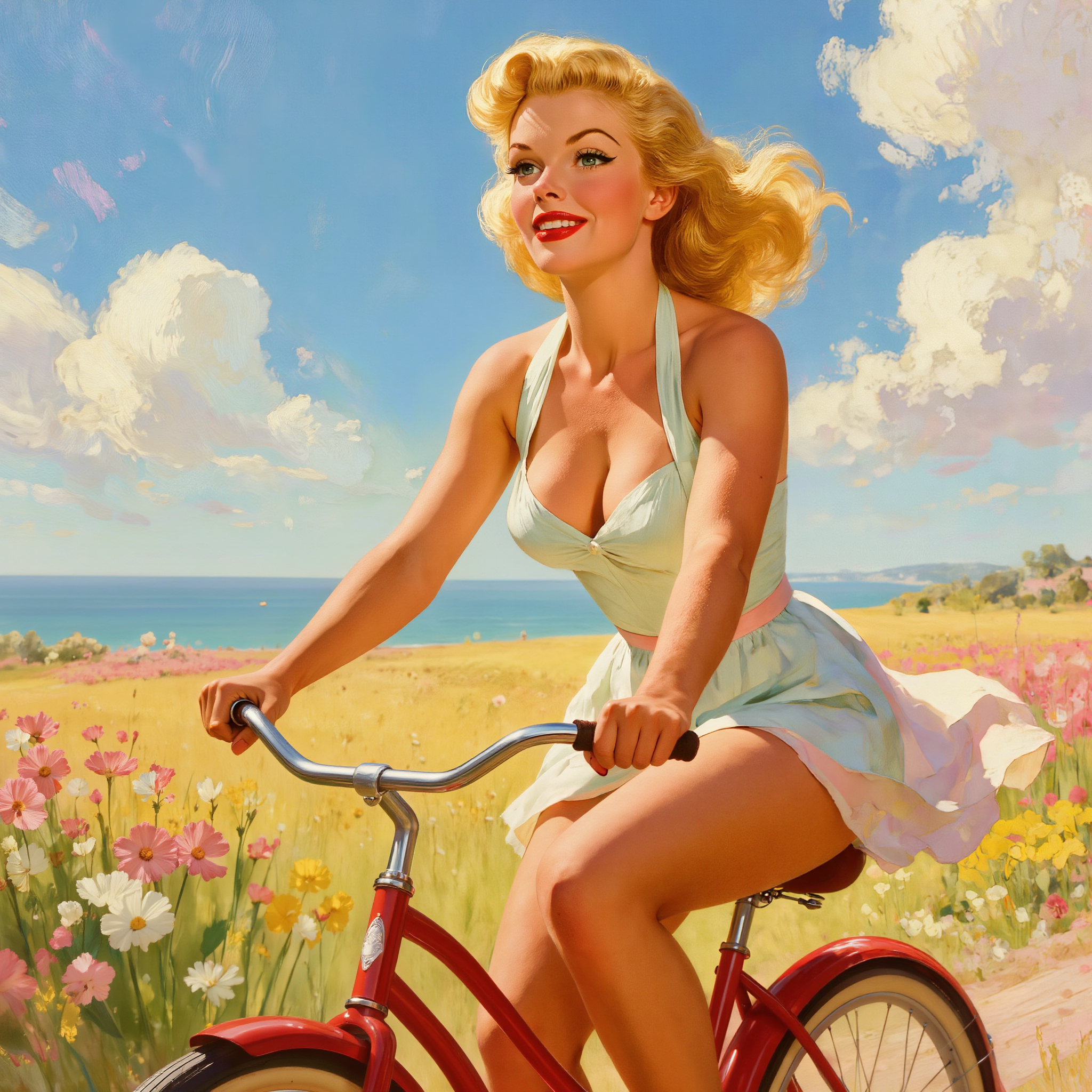 Vintage pin-up style blonde woman riding a red bicycle through a sunlit coastal wildflower meadow under a bright blue sky