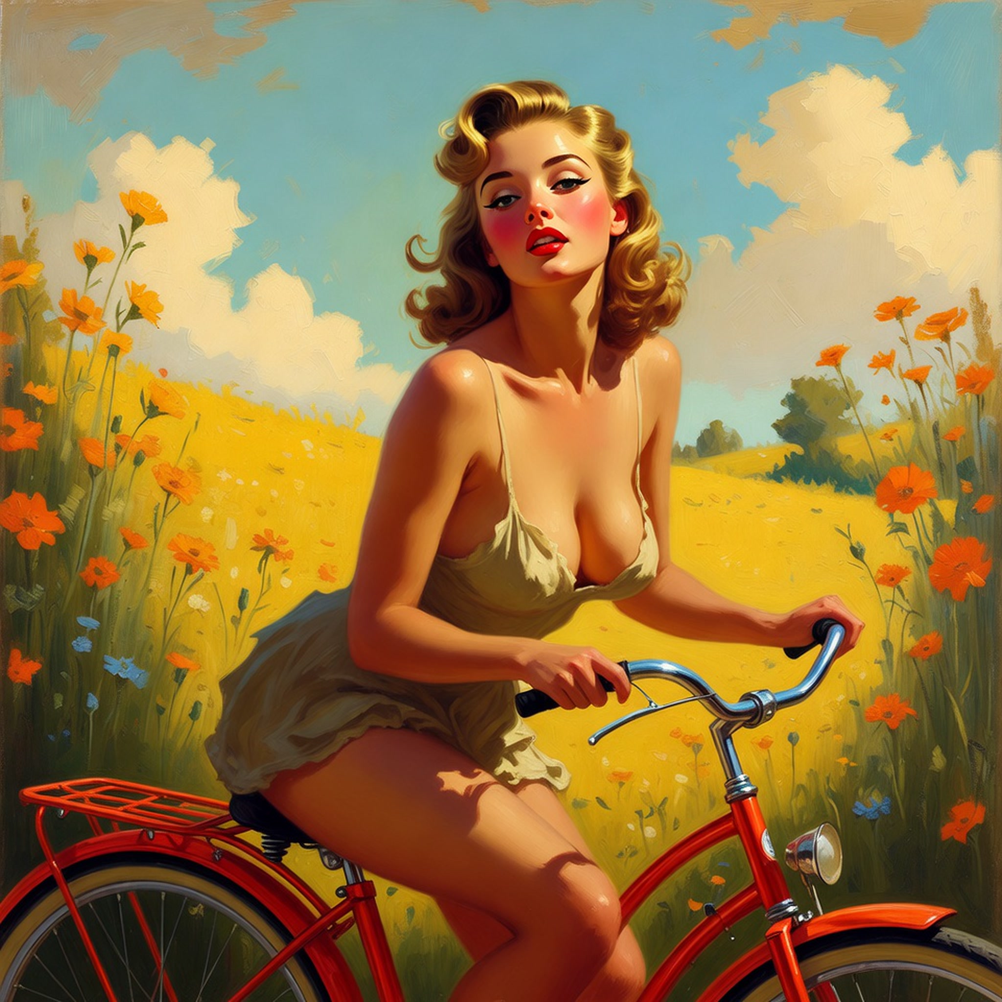 Vintage pin-up oil painting of a blonde woman riding a red bicycle through a sunlit golden wildflower meadow under a bright