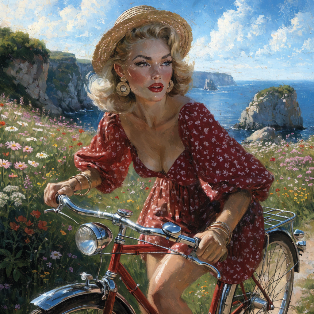 Vintage pin-up style oil painting of a blonde woman on a red bicycle on a wildflower coastal cliff overlooking the ocean.
