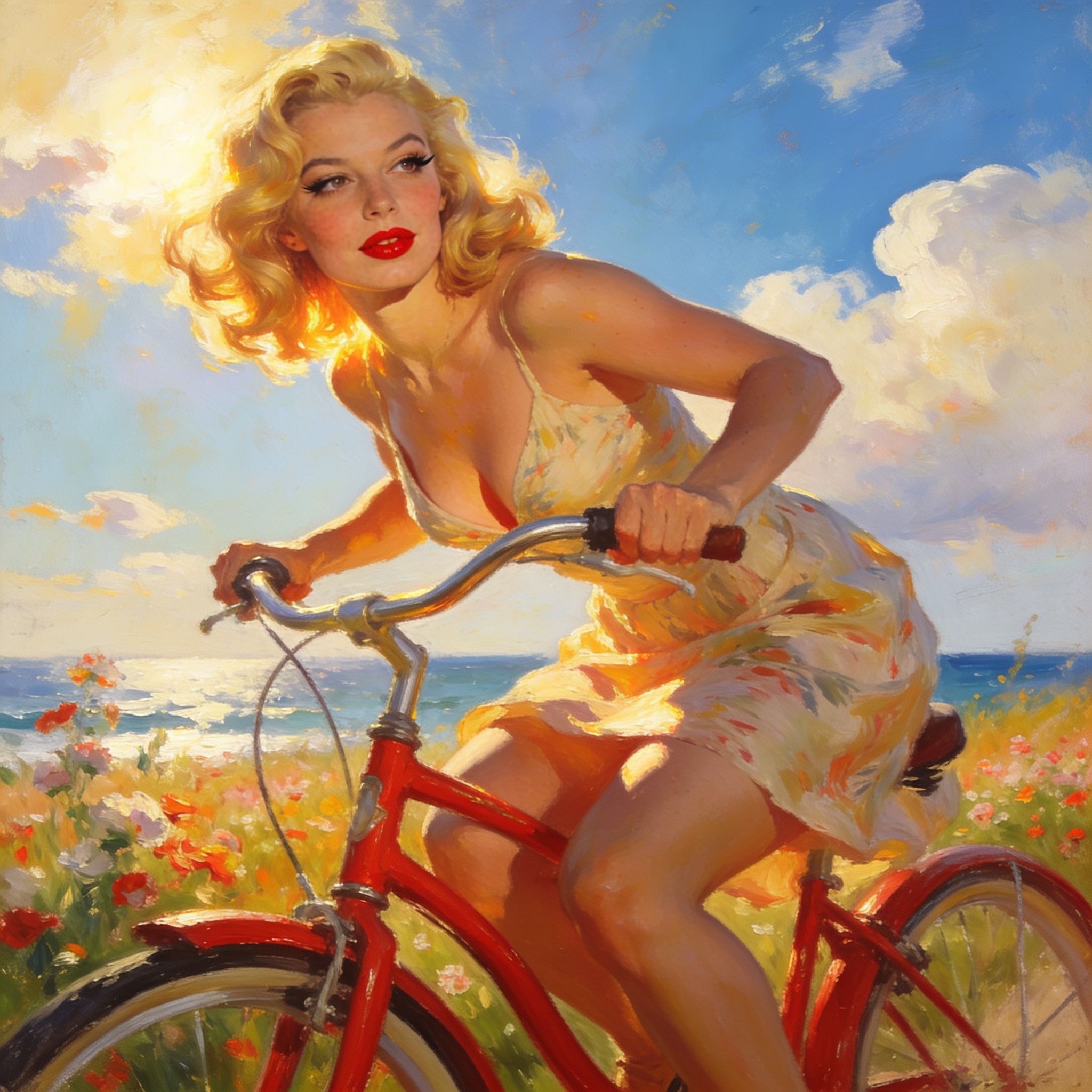 Vintage pinup oil painting of a blonde woman riding a red bicycle along a sunny coastal wildflower path beside the ocean.
