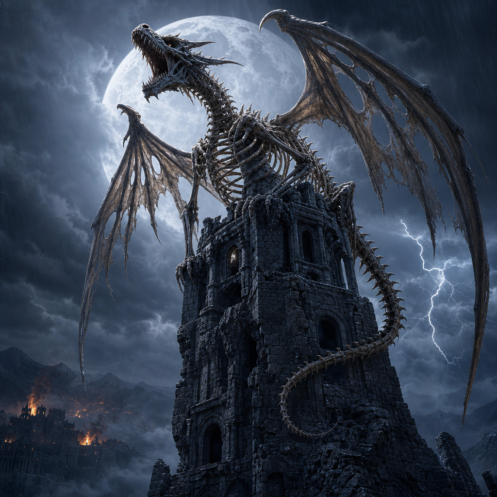 Skeletal undead dragon roaring atop a ruined medieval stone tower, backlit by a giant full moon during a stormy night with...