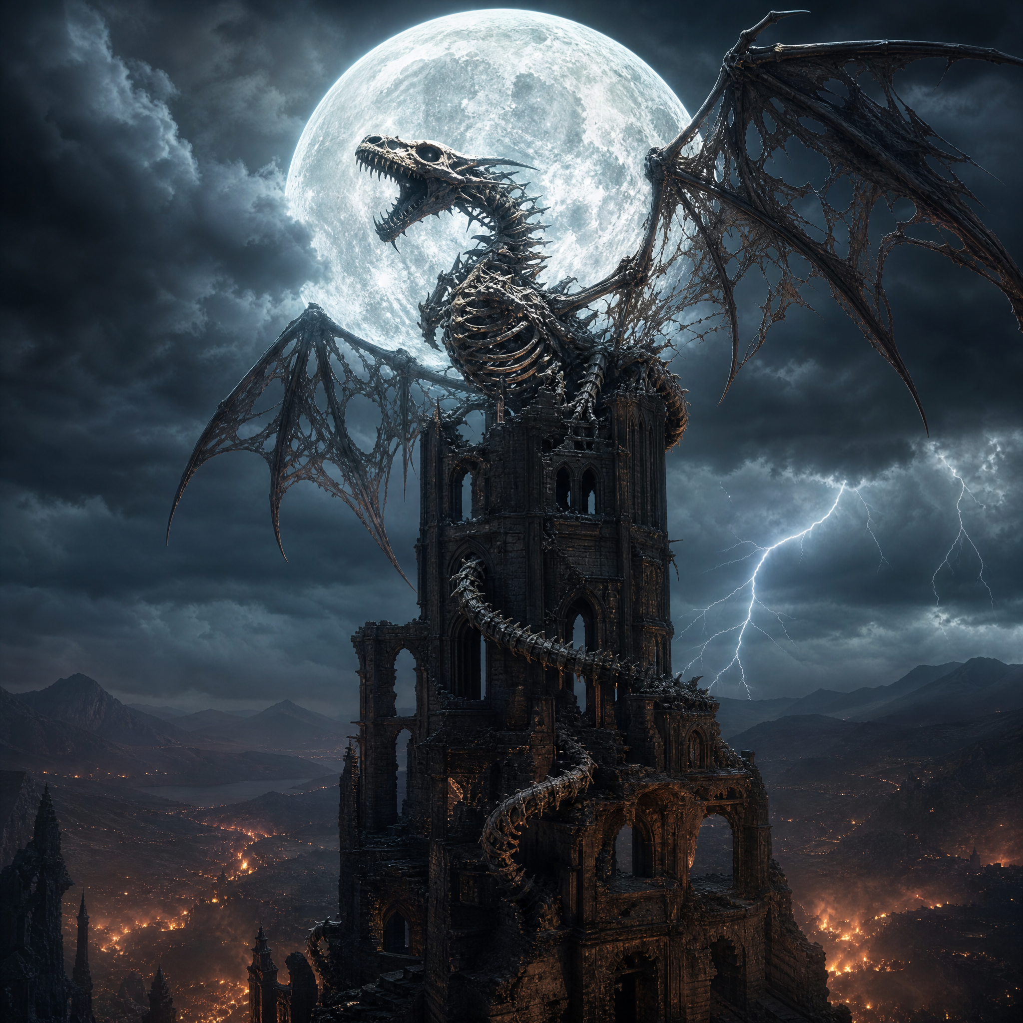 Skeletal undead dragon perched on a ruined gothic tower, under a giant full moon in a stormy sky with a burning valley below.