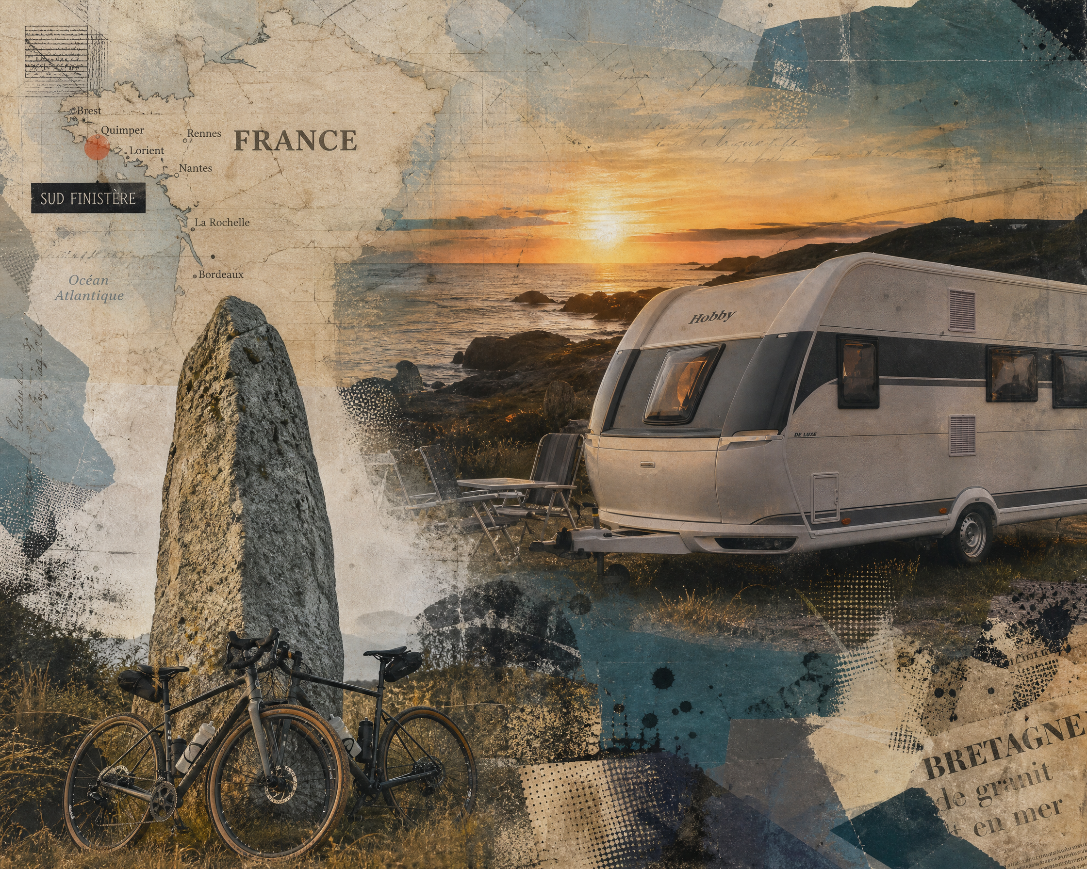 [Vintage mixed media collage of a coastal Brittany campsite, with caravan, gravel bikes, standing menhir, and France map o...