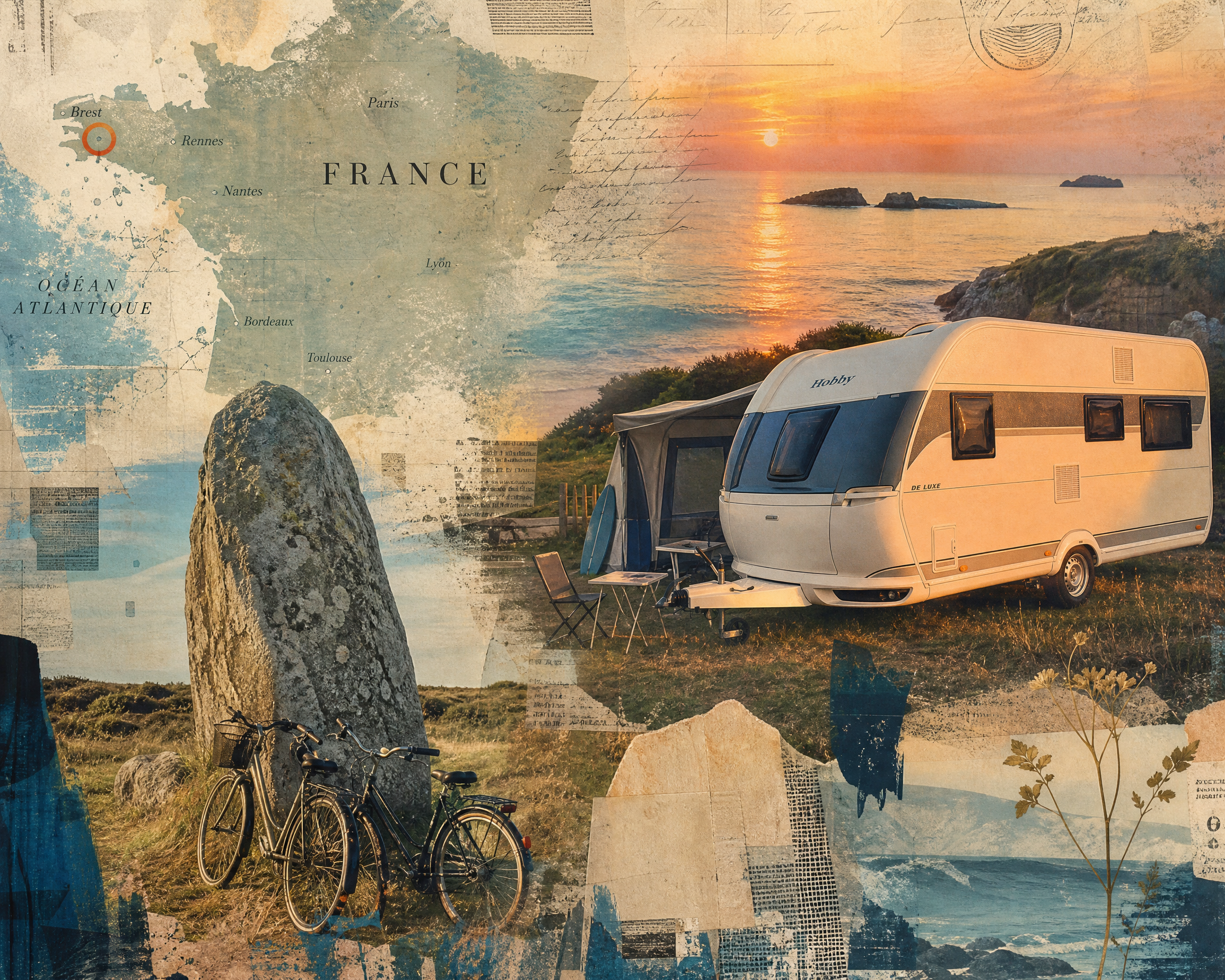 [Vintage travel collage of coastal France campsite, touring caravan, bicycles, standing stone, and Atlantic sunset layered...