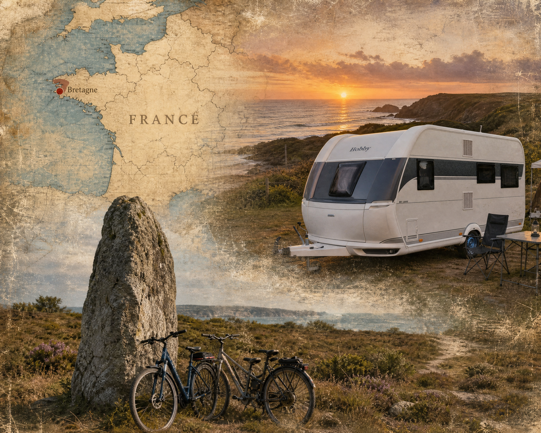 [Vintage travel collage: Brittany France coastal campsite, caravan, bikes by standing stone, overlaid on old France map at...