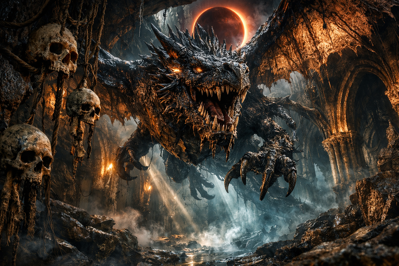 Menacing spiked dark dragon with glowing eyes looms in a skull-lined cursed cave under a glowing red solar eclipse.