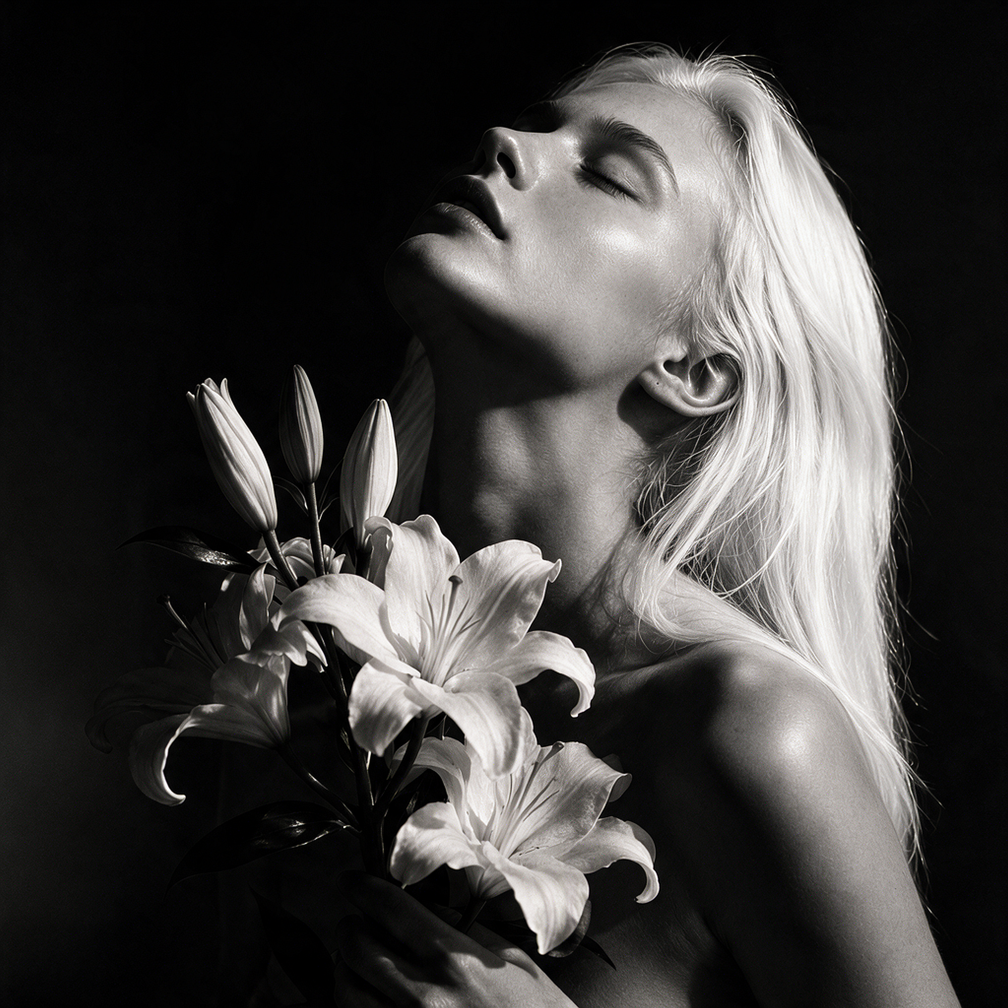 [Black and white fine art portrait of platinum blonde woman holding lily bouquet, eyes closed, tilted back against dark ba...