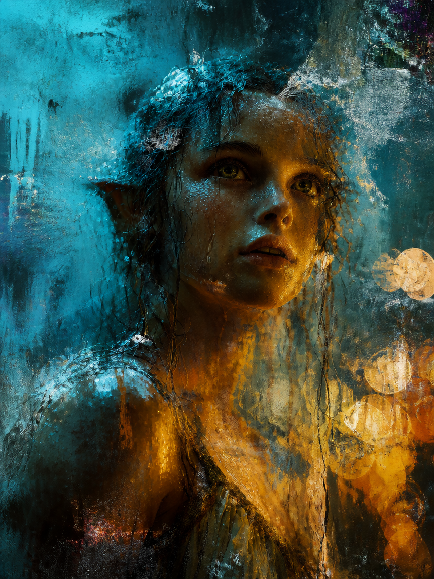 [Close-up fantasy portrait of a wet elven woman with pointed ears, lit by warm golden light against a textured teal backgr...