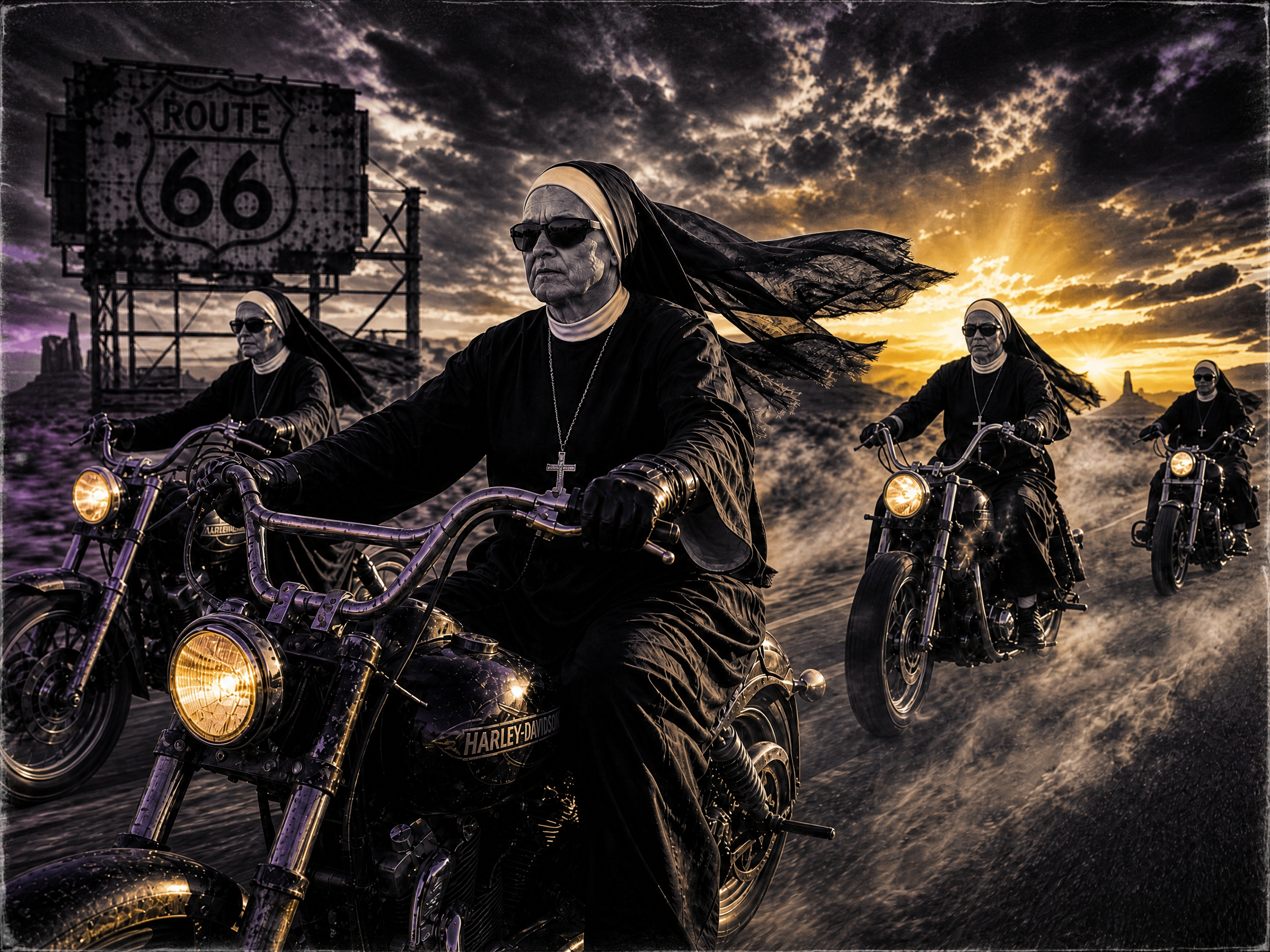 Group of Catholic nuns riding vintage motorcycles on Route 66 during a dramatic stormy desert sunset