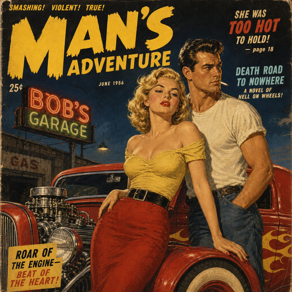 1956 Man's Adventure pulp magazine cover, couple leaning on a red hot rod outside Bob's Garage at night