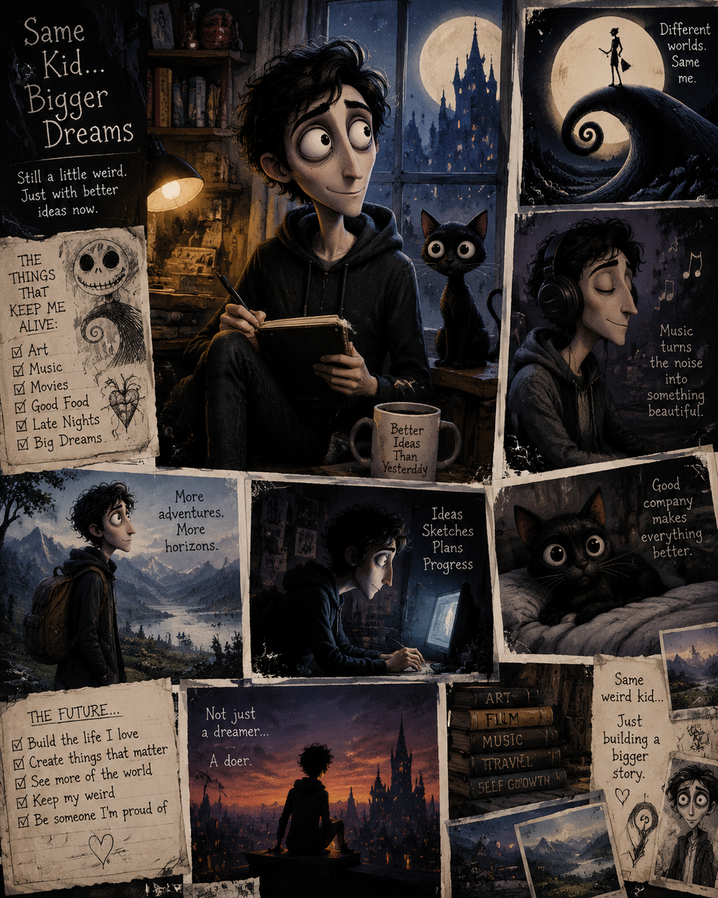 Tim Burton style motivational scrapbook collage of a young creative, his black cat, goal lists, and whimsical dream themed...