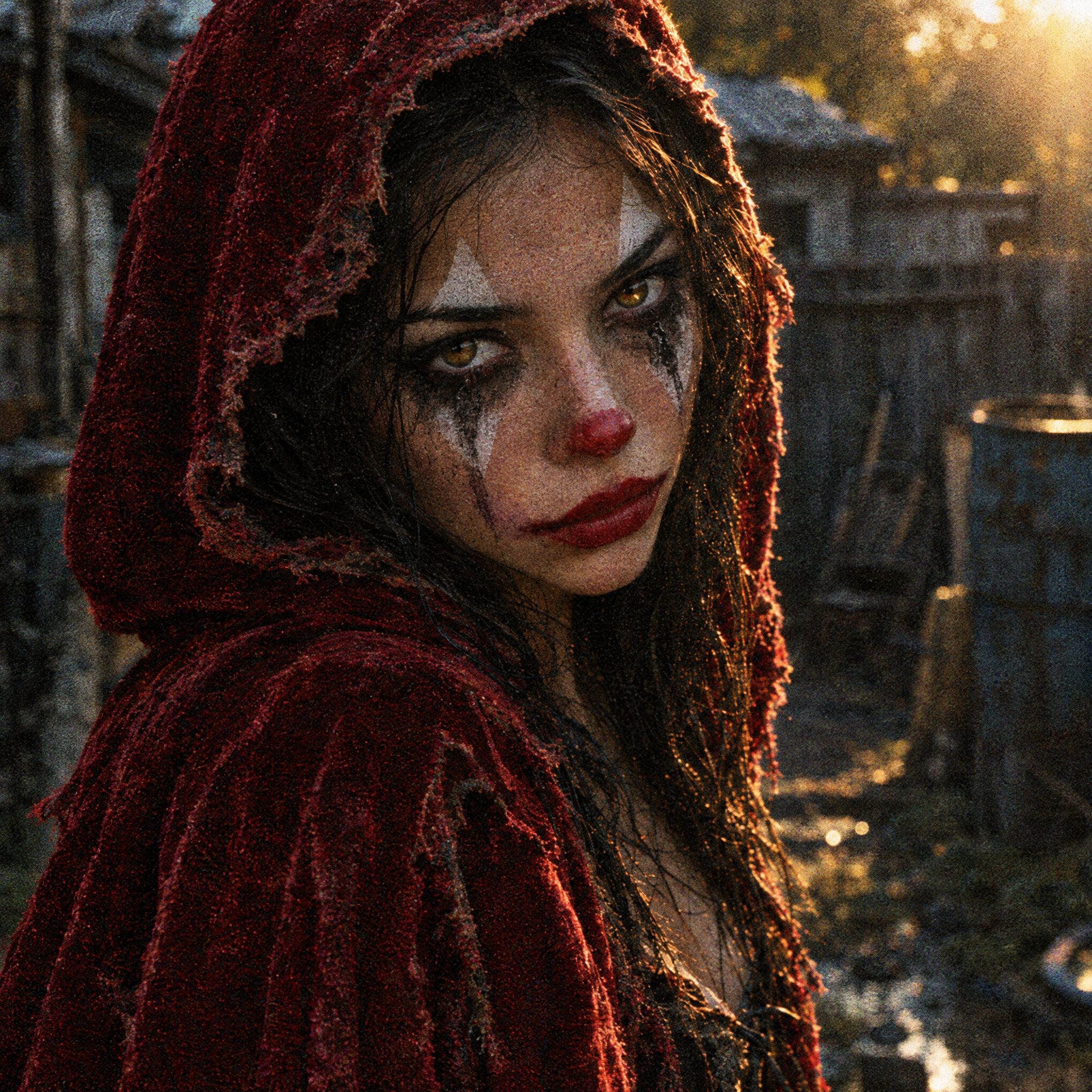 Young woman in a tattered red hood with smudged clown makeup stares intensely at the viewer during golden sunset