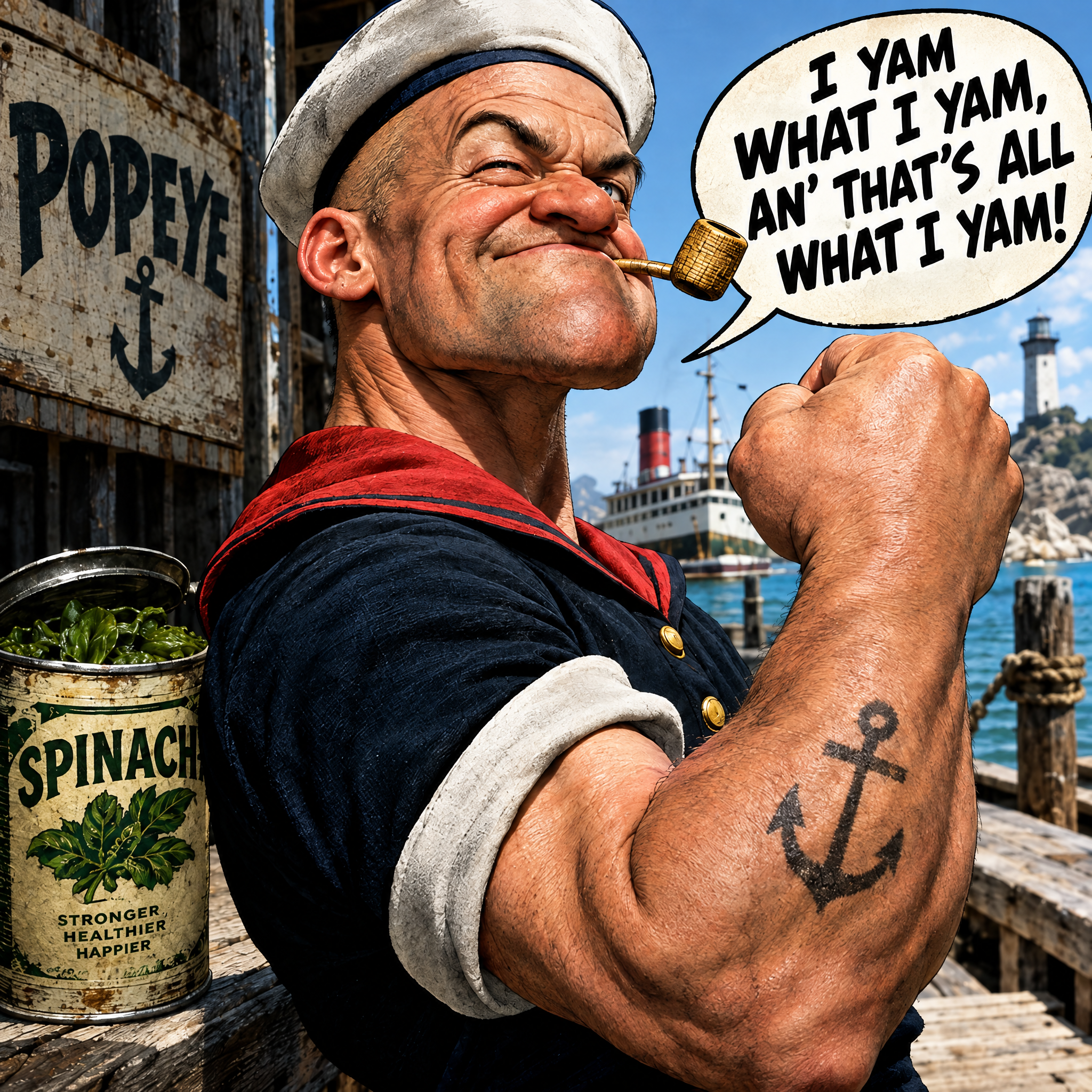 Realistic depiction of Popeye the Sailor flexing his arm beside an open spinach can on a sunny harbor dock