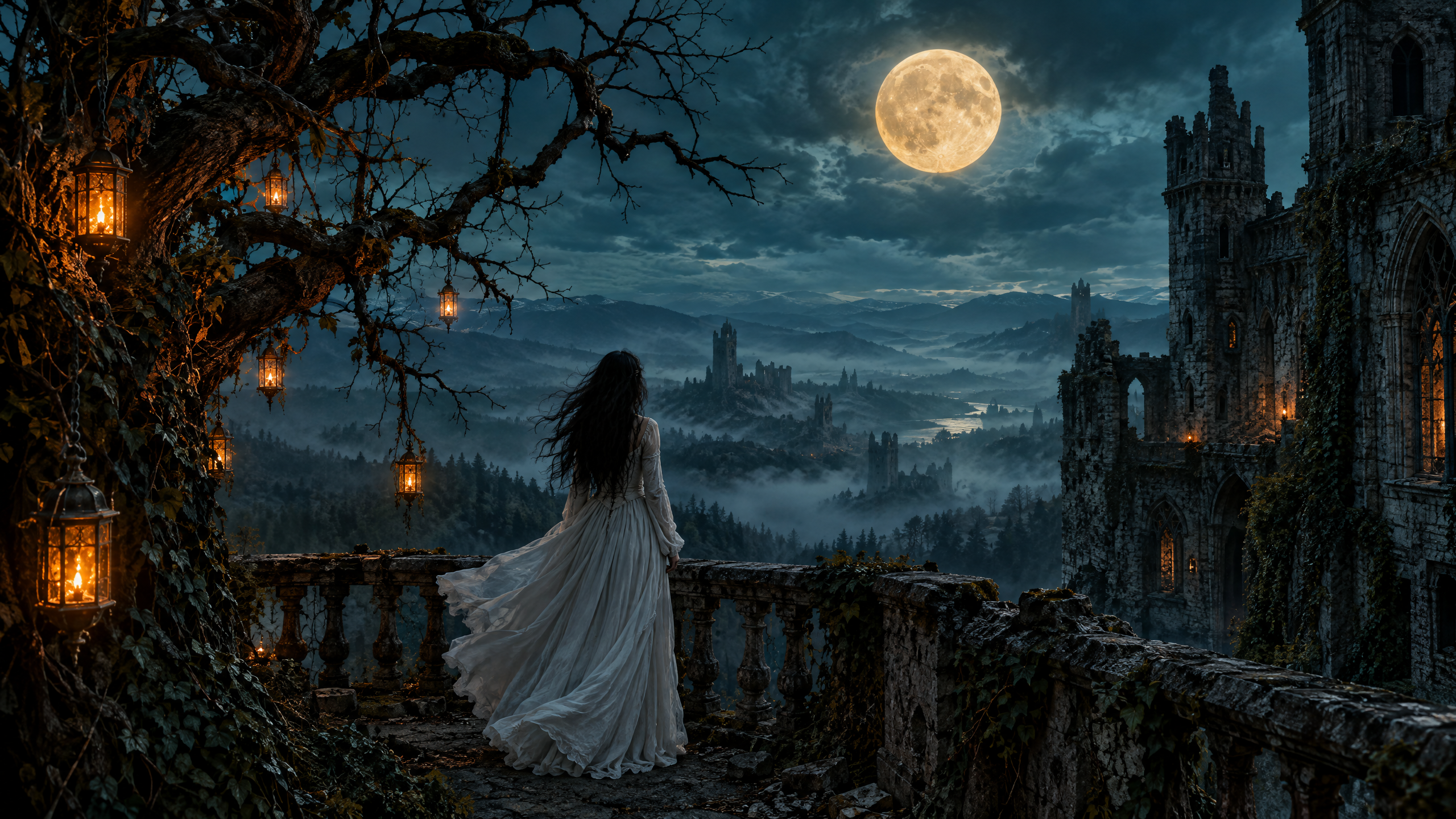 Woman in a flowing white gown stands on a ruined castle balcony overlooking misty valleys under a bright full moon