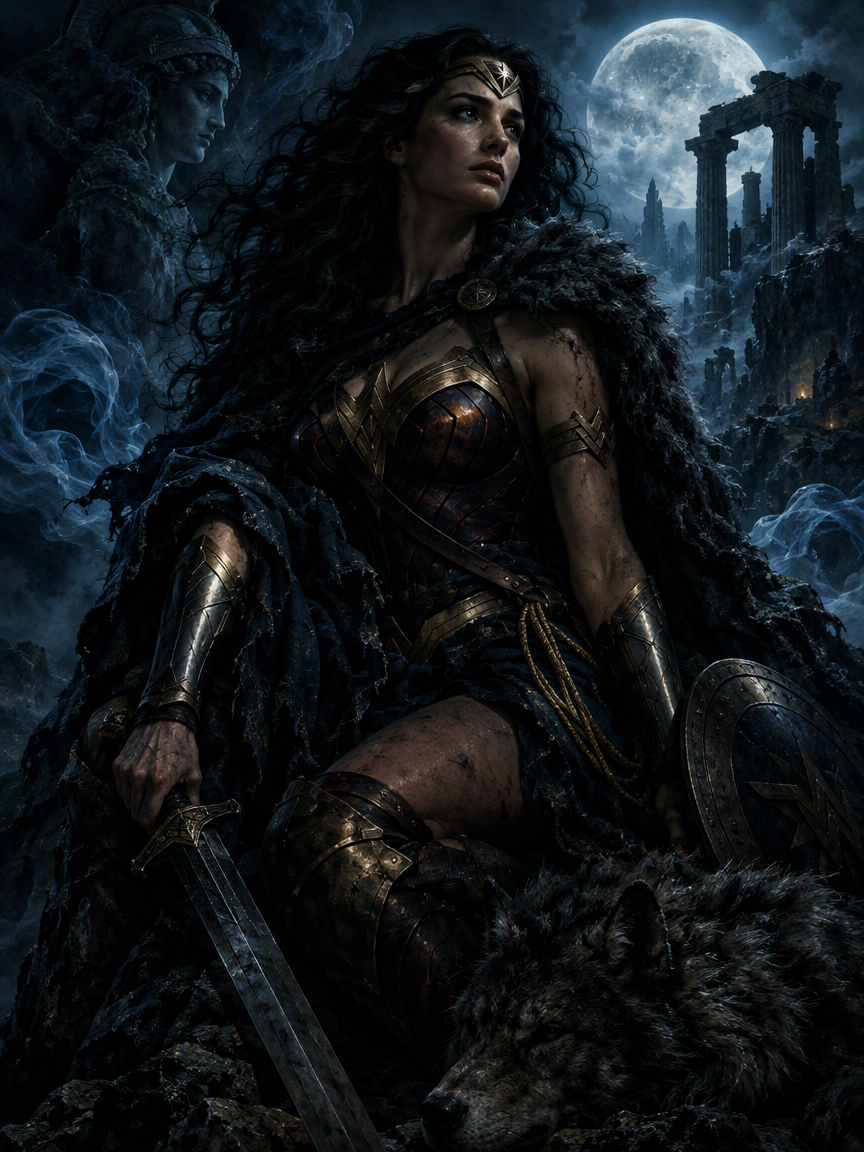 Battle-worn Wonder Woman rests with sword and shield under a glowing full moon beside ancient stone ruins