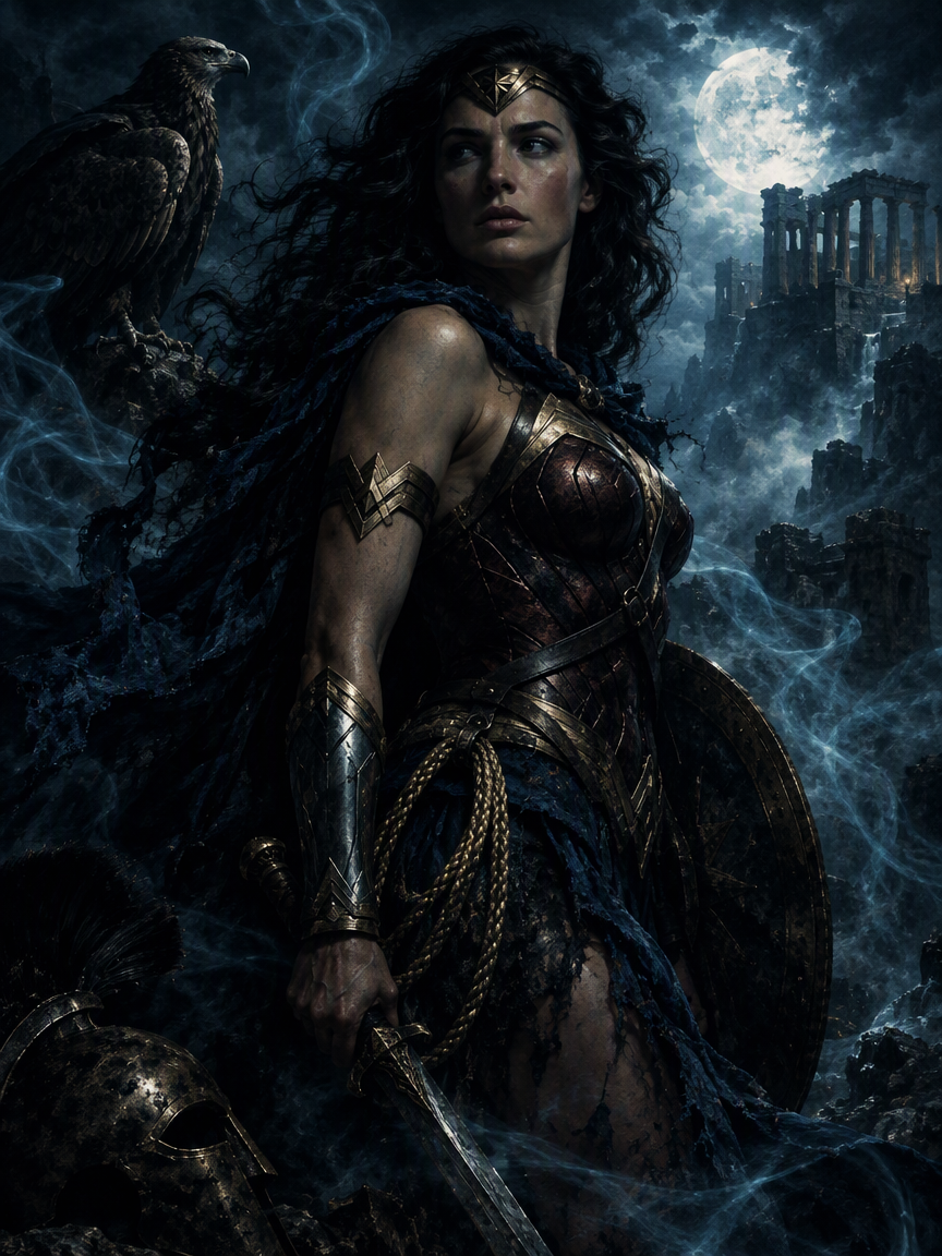 Armored Wonder Woman holds a sword as an eagle perches beside her under a full moon above ancient ruins