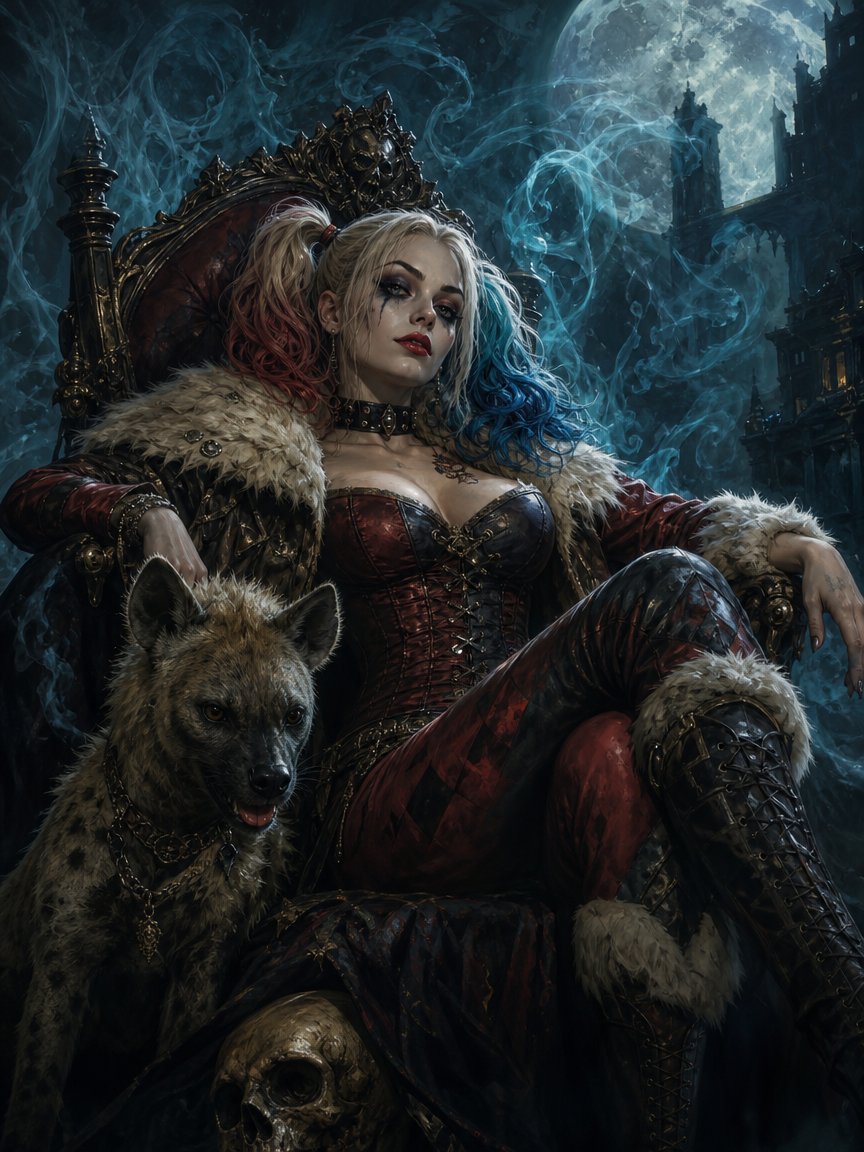 Gothic Harley Quinn sits on an ornate throne beside her pet hyena under a glowing full moon