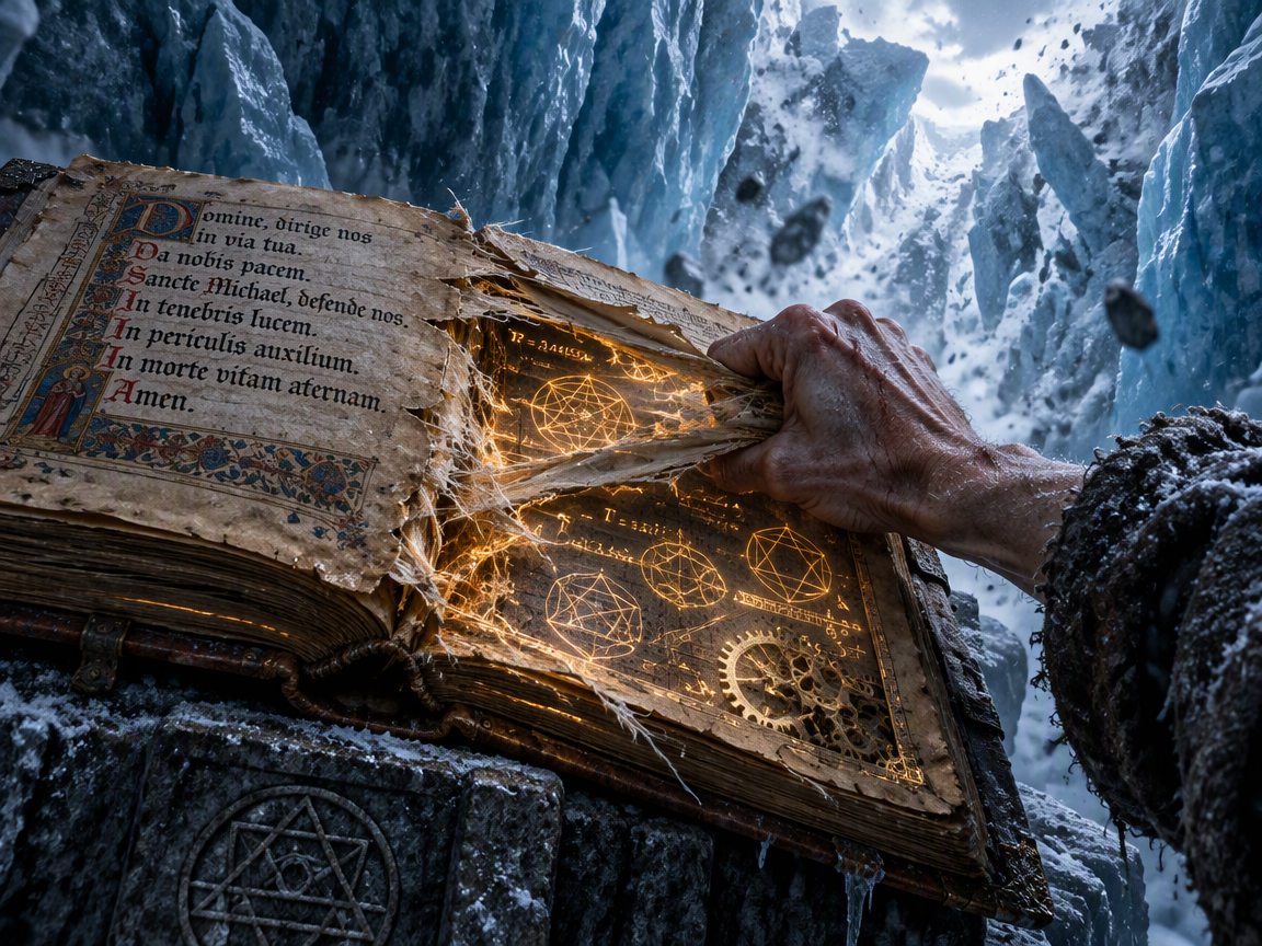 Weathered frost-dusted hand tearing open an ancient glowing spellbook on a glacial stone plinth