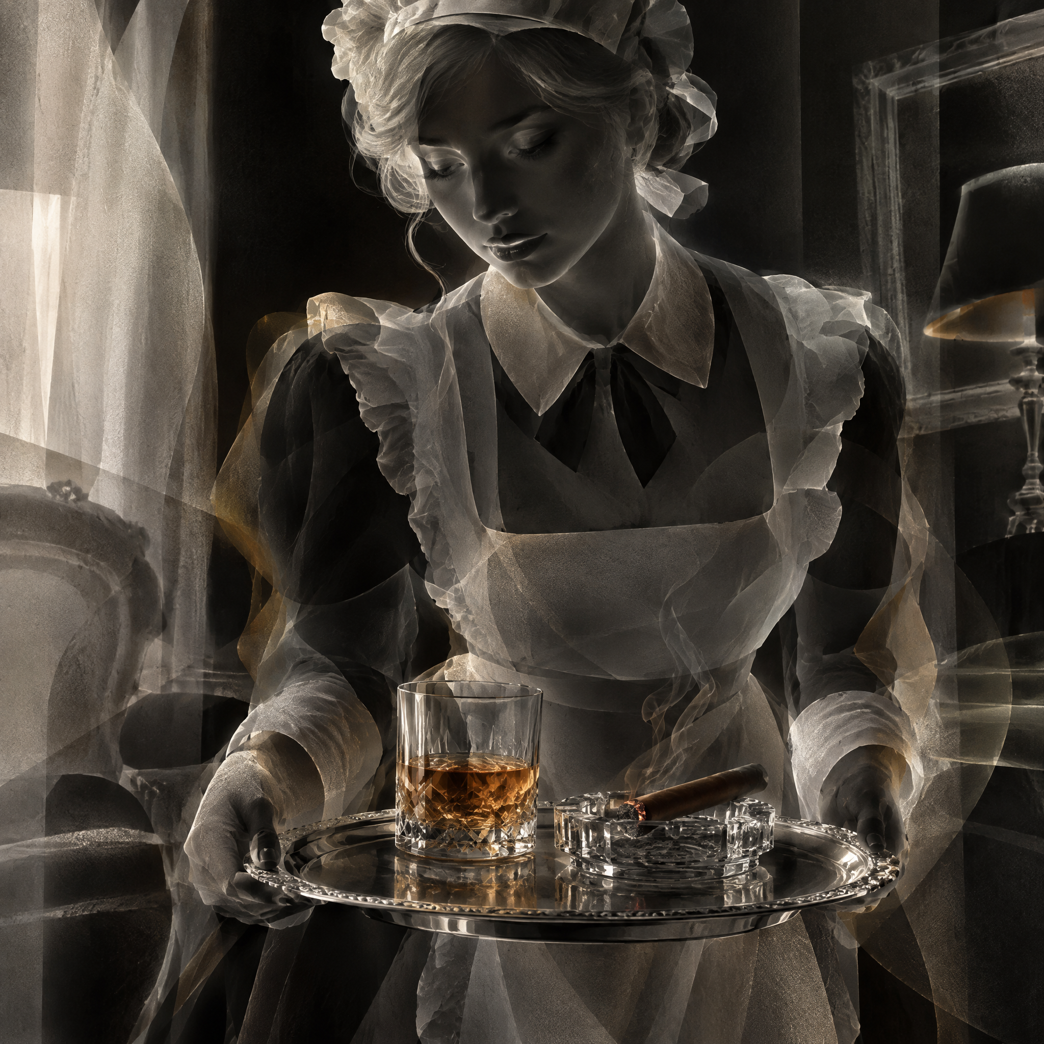 Translucent ghostly vintage maid holds a silver tray with whiskey and lit cigar