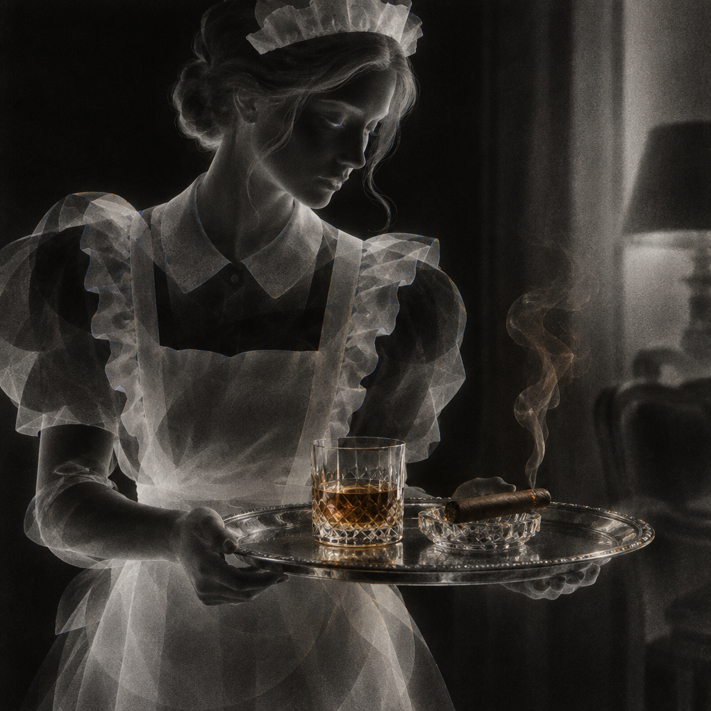 Ethereal translucent ghost housemaid holds a silver tray with whiskey glass and lit cigar in a dim vintage room