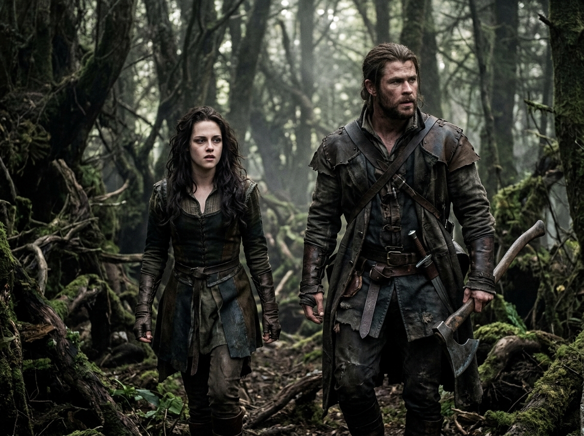 Kristen Stewart and Chris Hemsworth as fantasy adventurers walk side by side through a misty mossy old growth forest