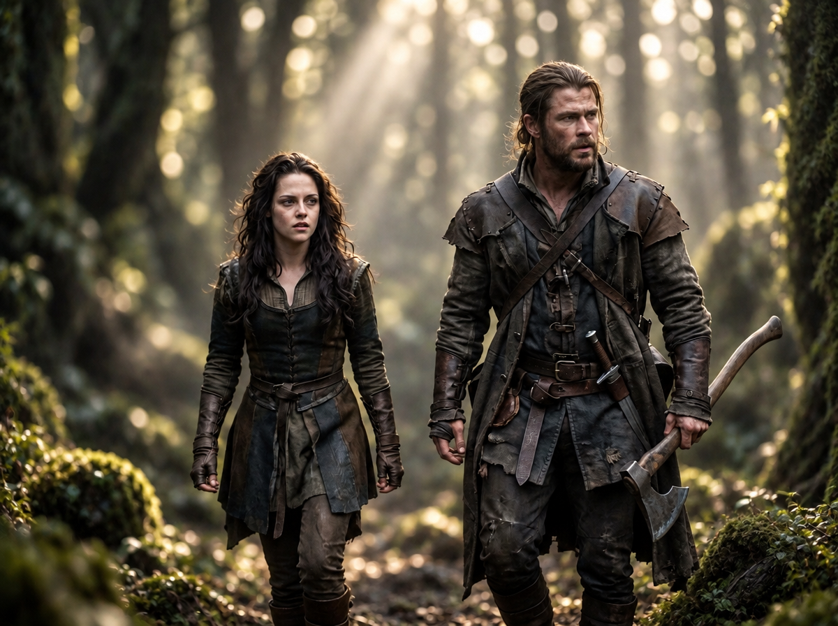 A female adventurer and axe-wielding warrior walk through a misty sun-dappled ancient forest