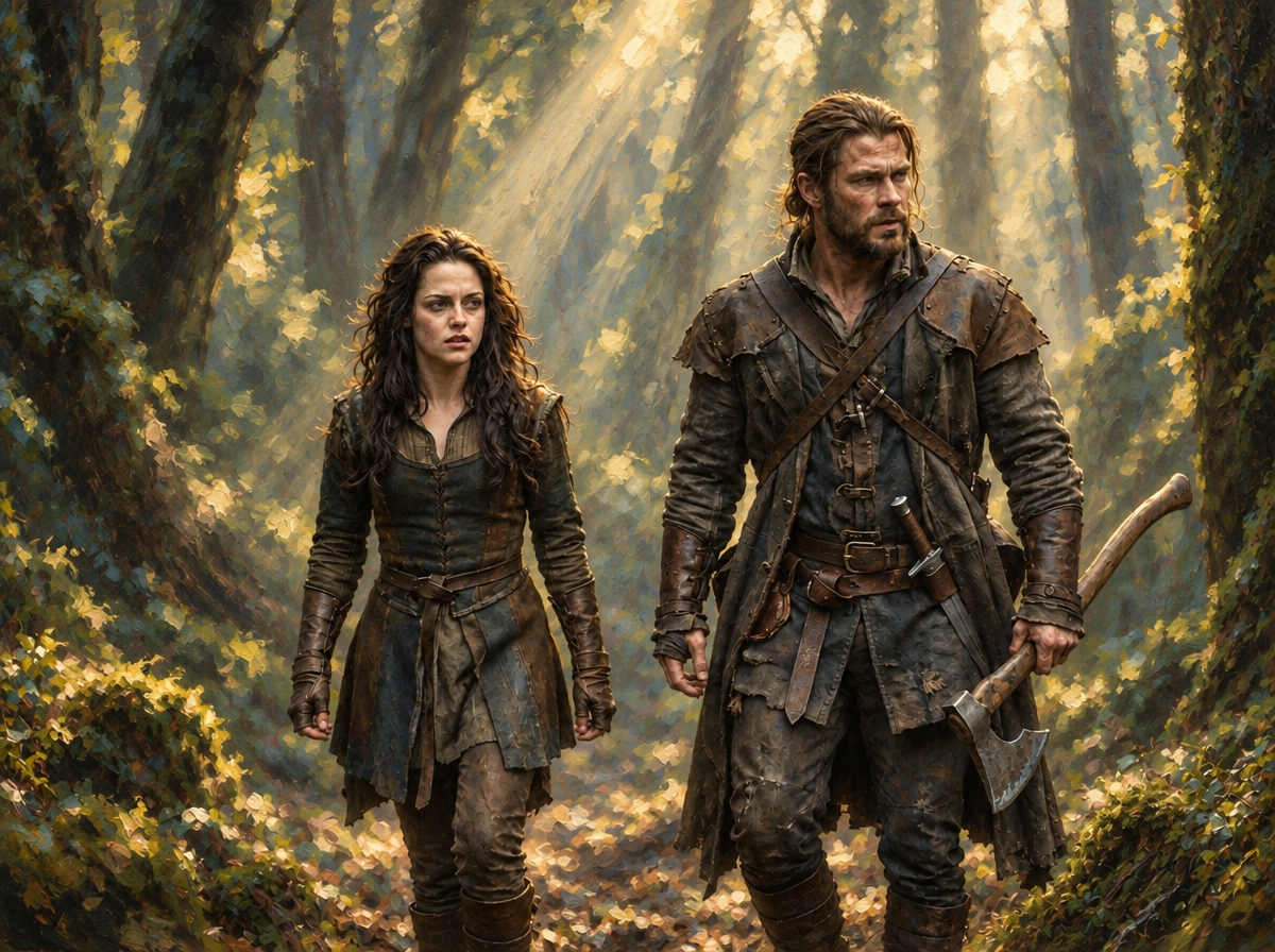 Determined medieval warrior couple walk together through a sun-dappled ancient forest, the man carrying a wood axe.