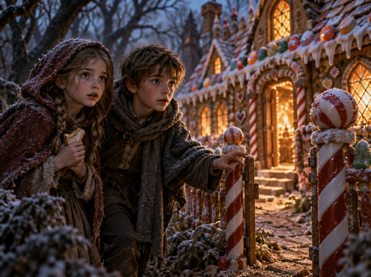 Hansel and Gretel cautiously approach a glowing candy gingerbread house in a frosty winter forest at dusk