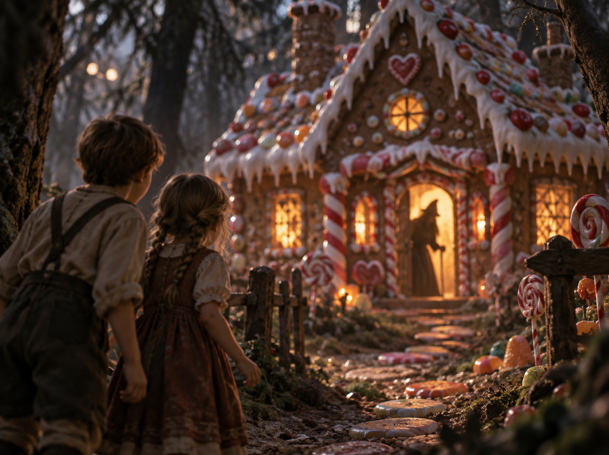 Hansel and Gretel stand before a glowing candy gingerbread house as a witch waits in the misty forest