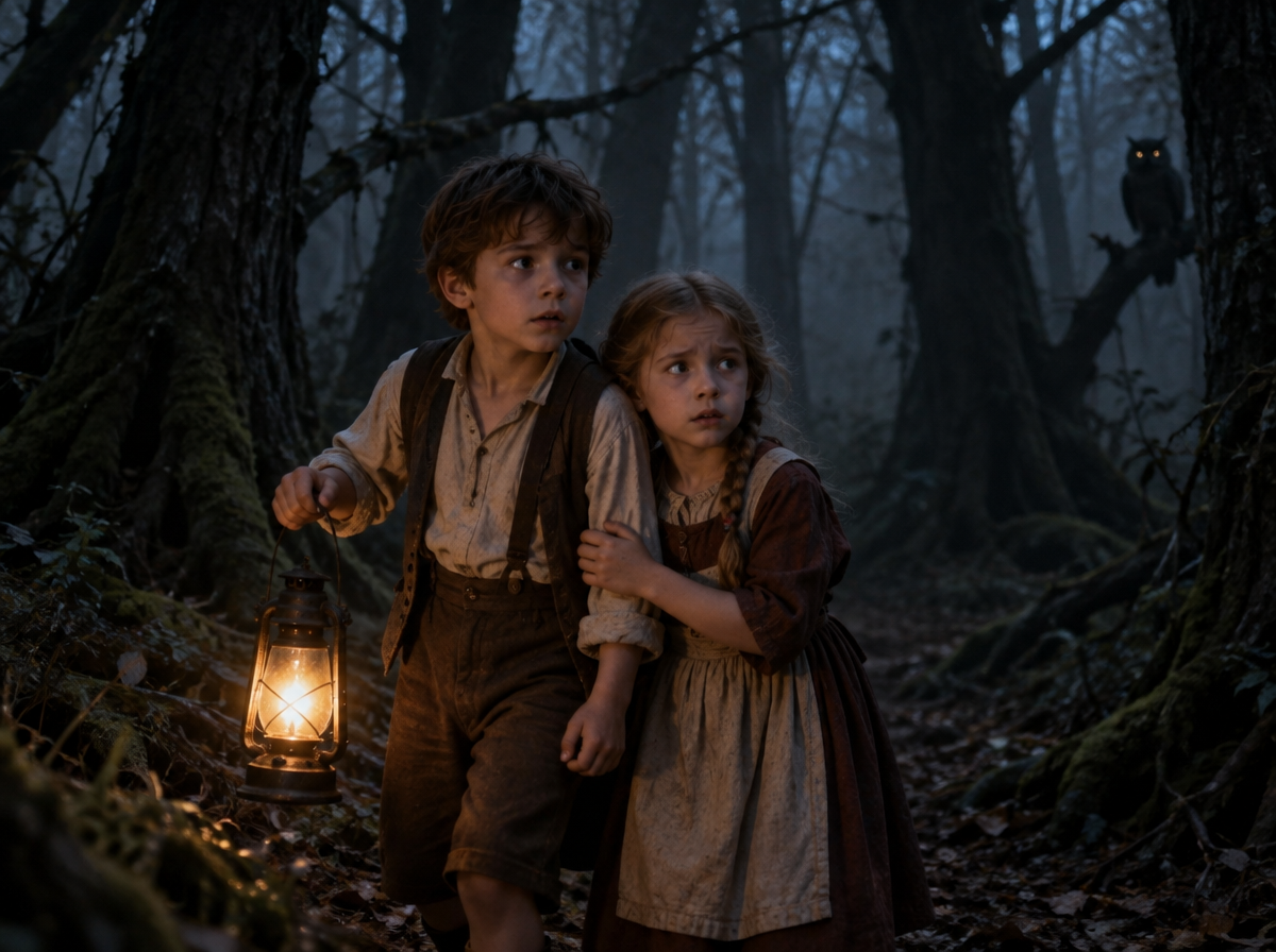 Scared young Hansel and Gretel carry a glowing lantern while wandering through a dark misty old growth forest at dusk