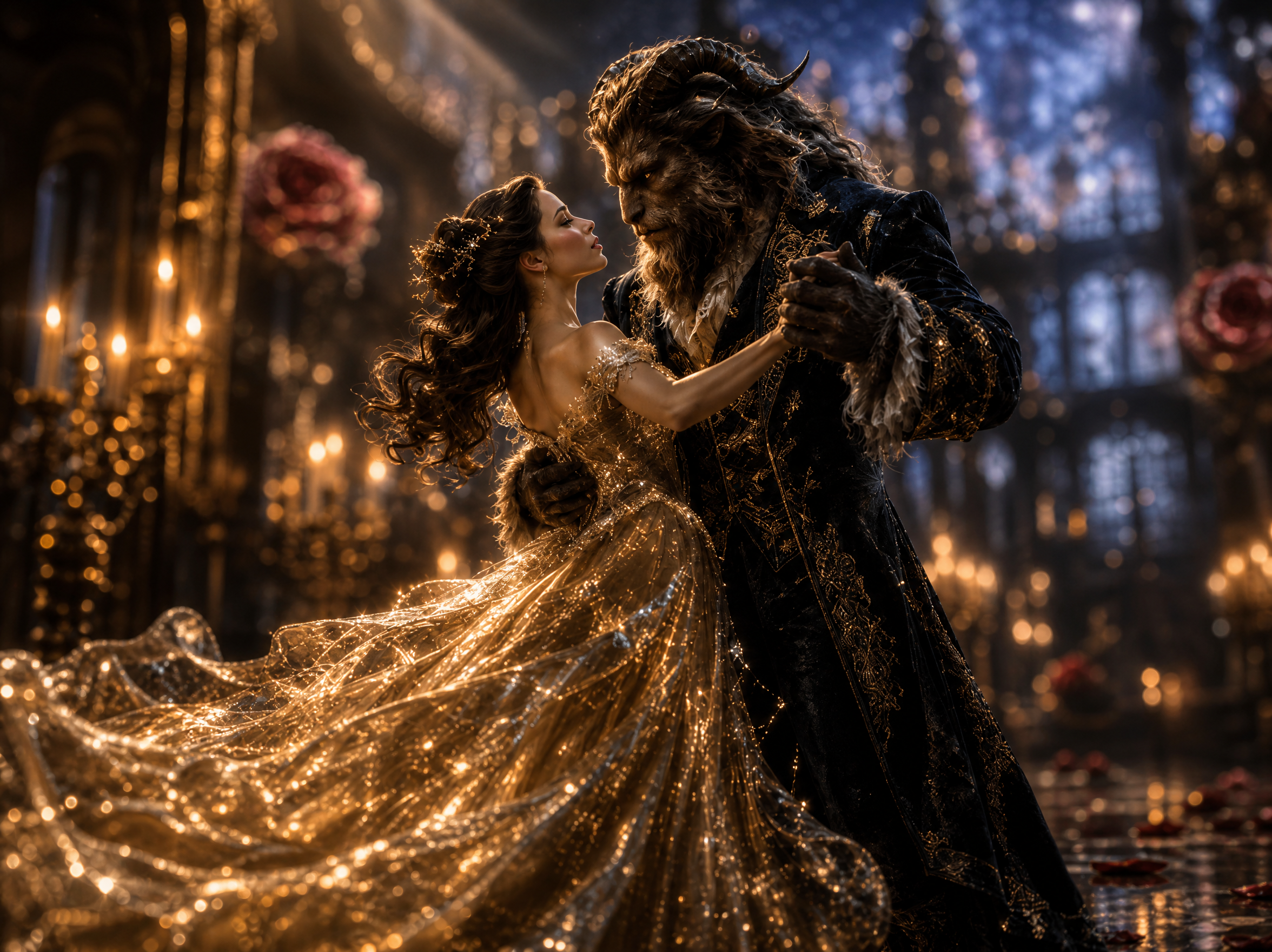 Beauty and the Beast share an intimate waltz in a glowing candlelit grand castle ballroom