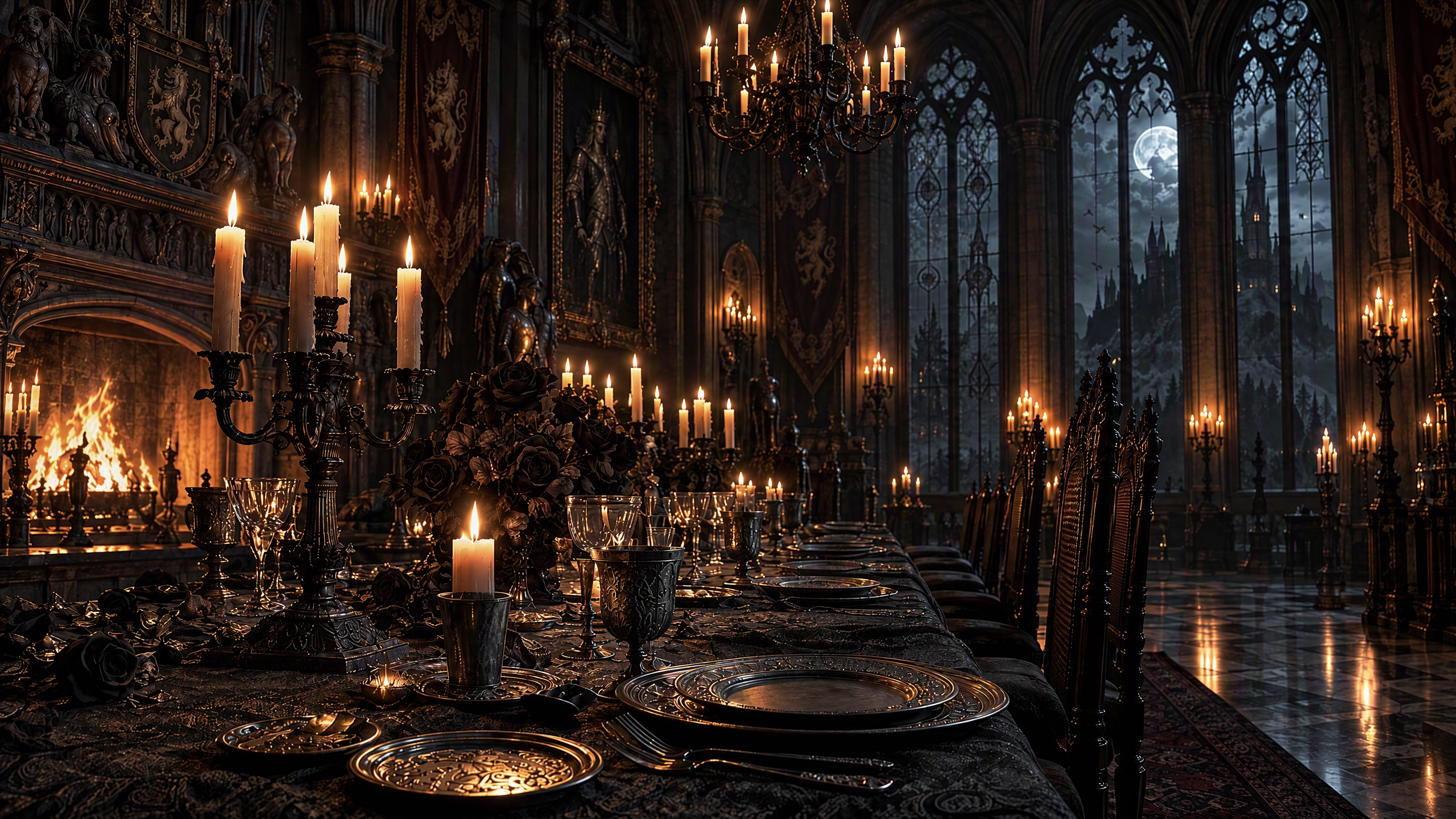 Grand gothic medieval castle banquet table lit by candlelight beside a roaring fireplace on a moonlit night