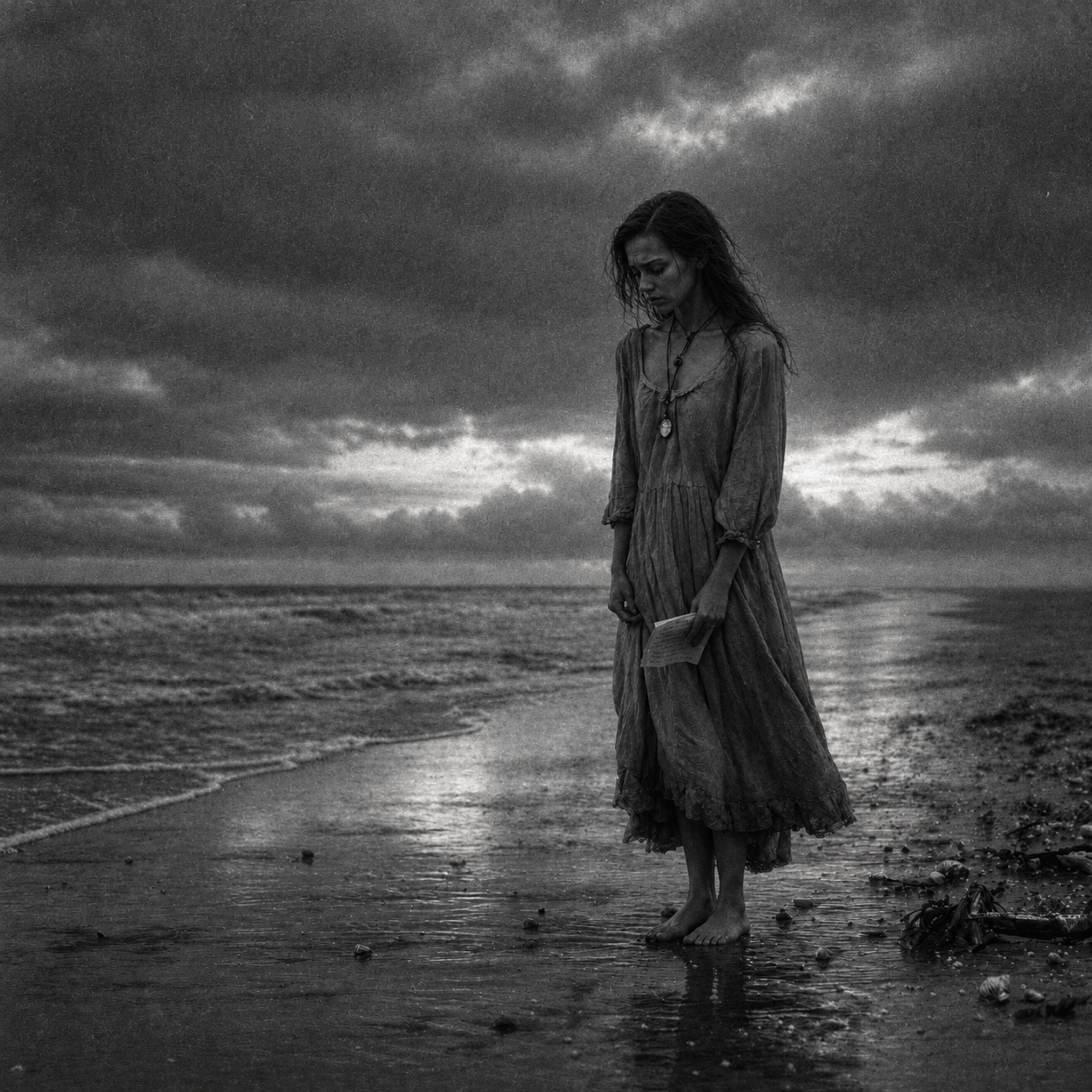 Somber barefoot woman holding a letter stands — AI art by @chris70 ...