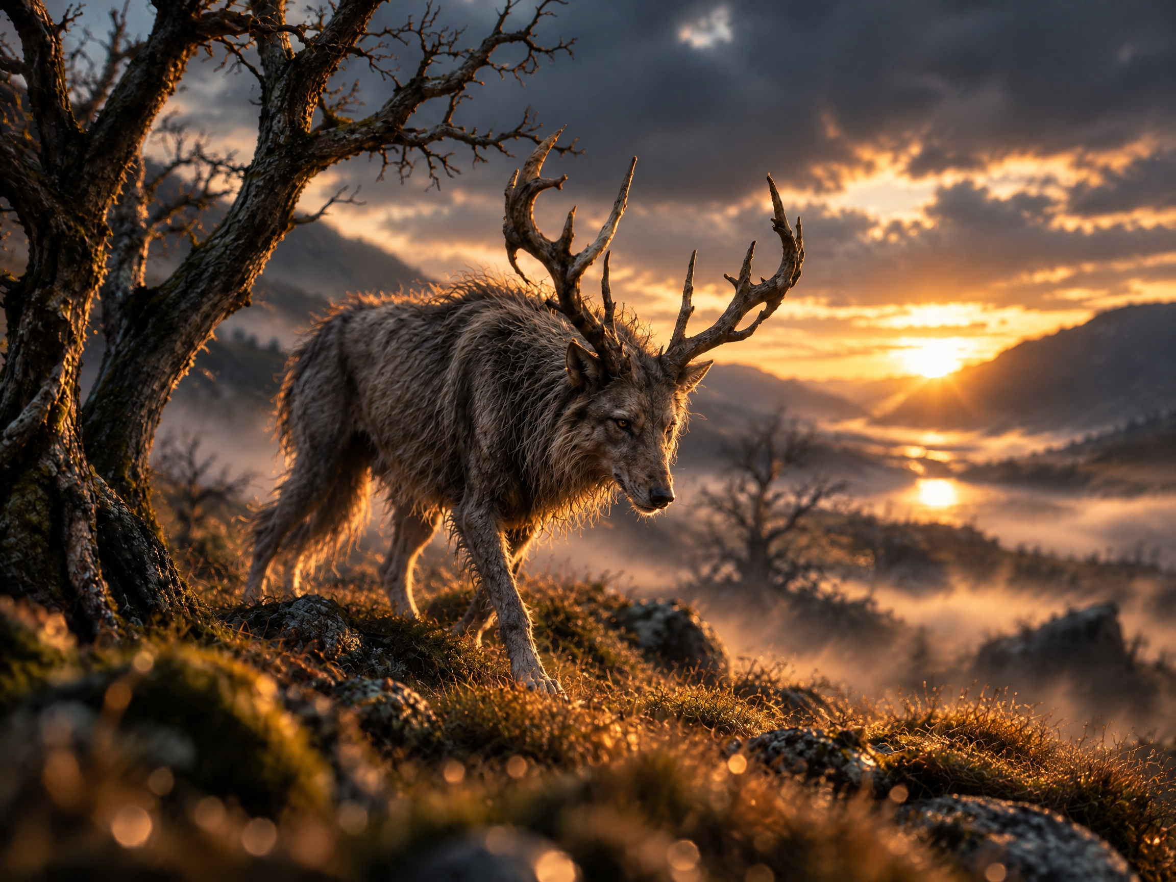 Mythical horned wolf-stag chimera stands on a misty hilltop — AI art by ...