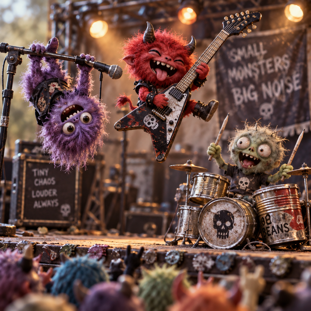 Three fuzzy little monster band members performing energetically on a punk concert stage