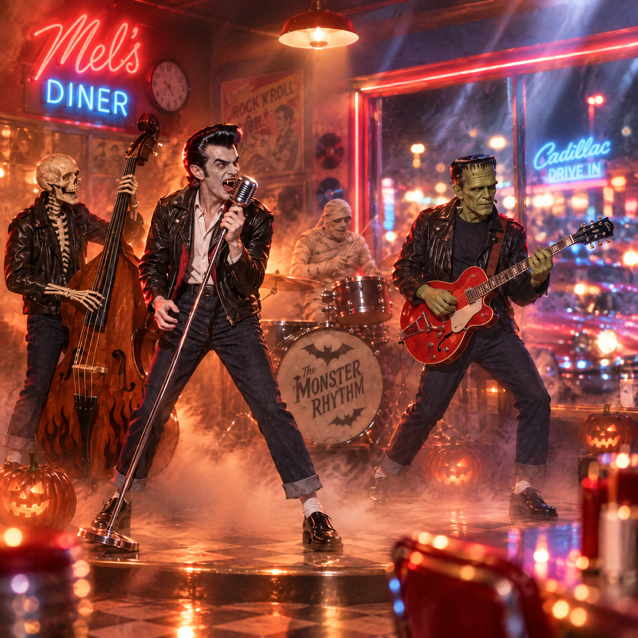 Spooky 1950s rockabilly monster band performs inside a neon lit retro Mel's Diner for Halloween