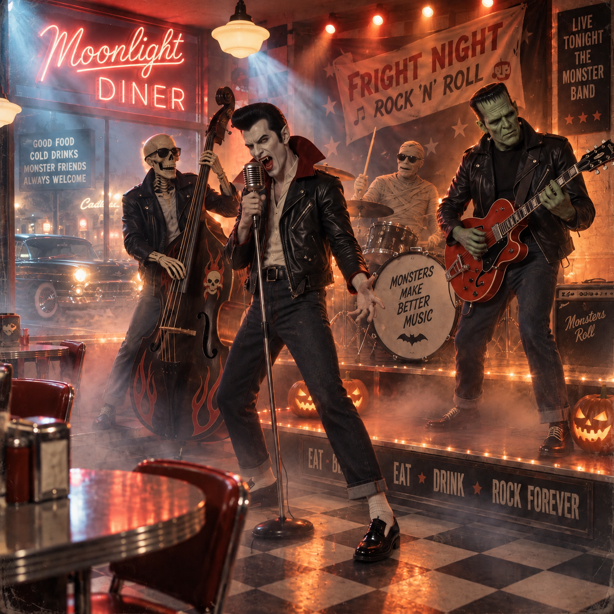 Spooky retro monster rock band performs on stage inside the neon lit Moonlight Diner for Fright Night
